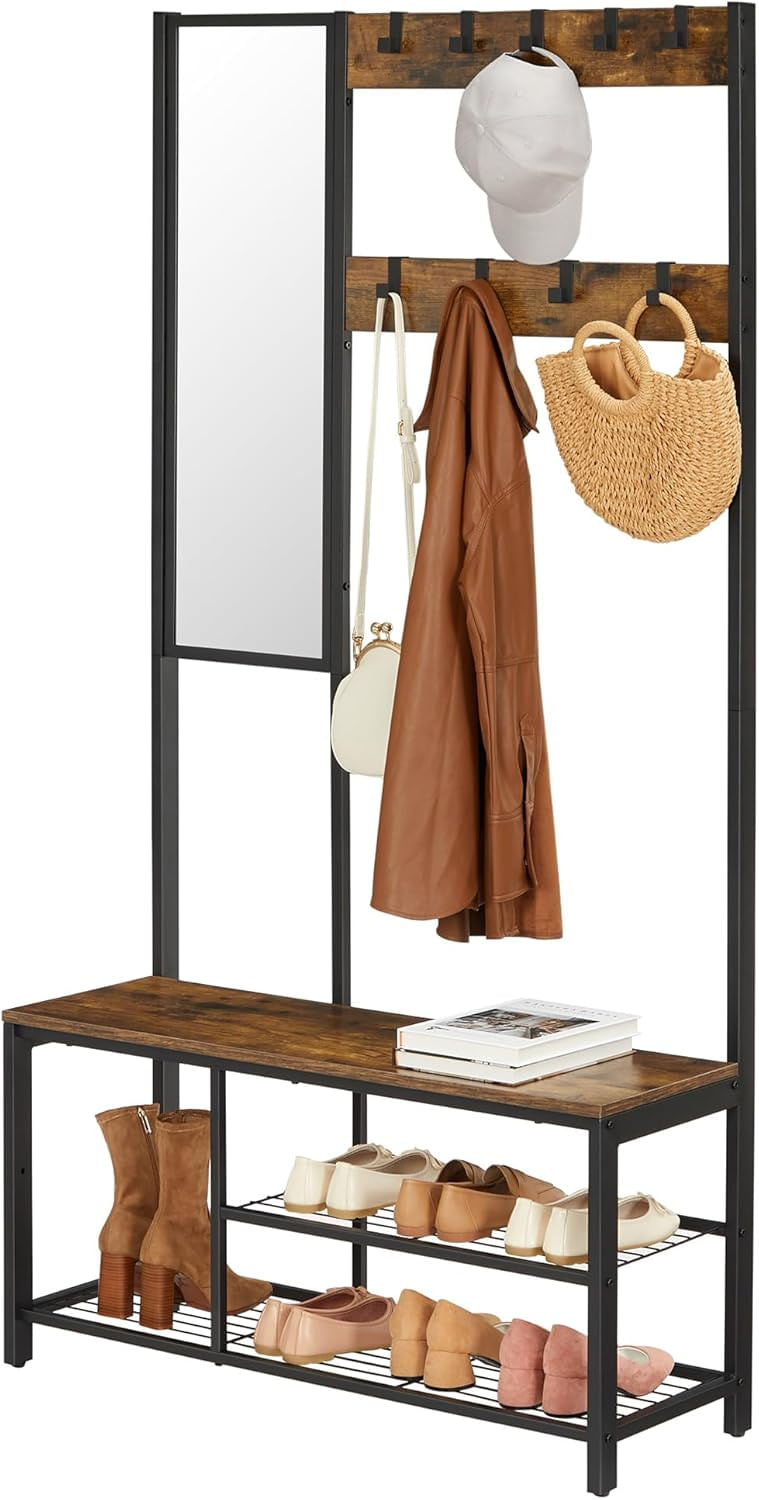 Cuier pentru hol cu oglinda si 9 carlige detasabile, structura metalica, stil industrial, 98x36x185 cm, maro rustic — imaginea 5