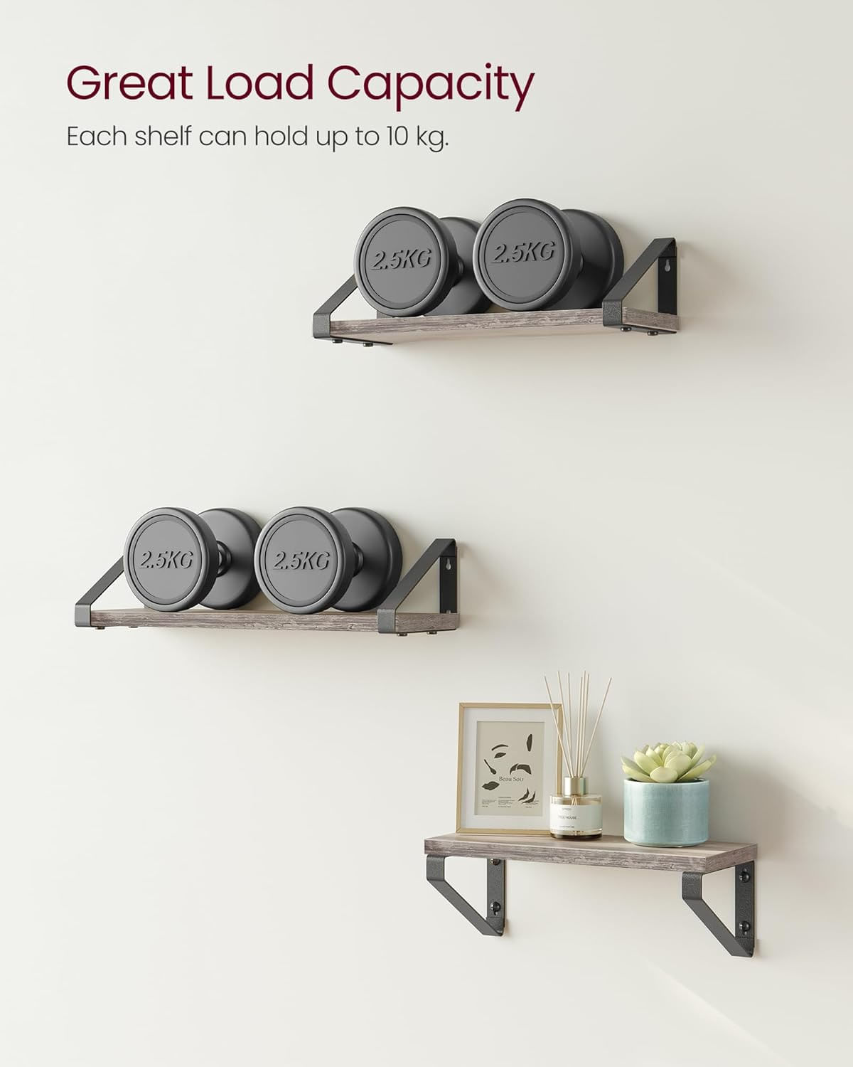 Raft de perete, set 3 bucati 30cm, 35cm si 40cm, 2 moduri de montare, gri si negru — imaginea 2