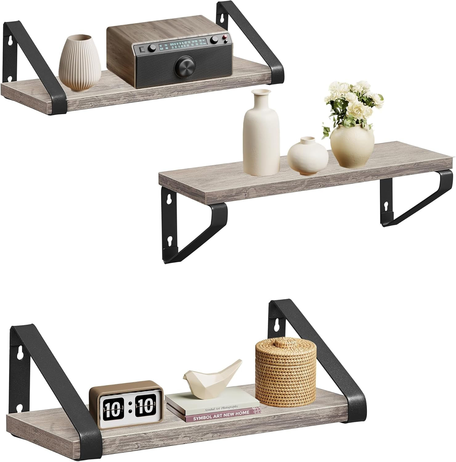 Raft de perete, set 3 bucati 30cm, 35cm si 40cm, 2 moduri de montare, gri si negru — imaginea 7