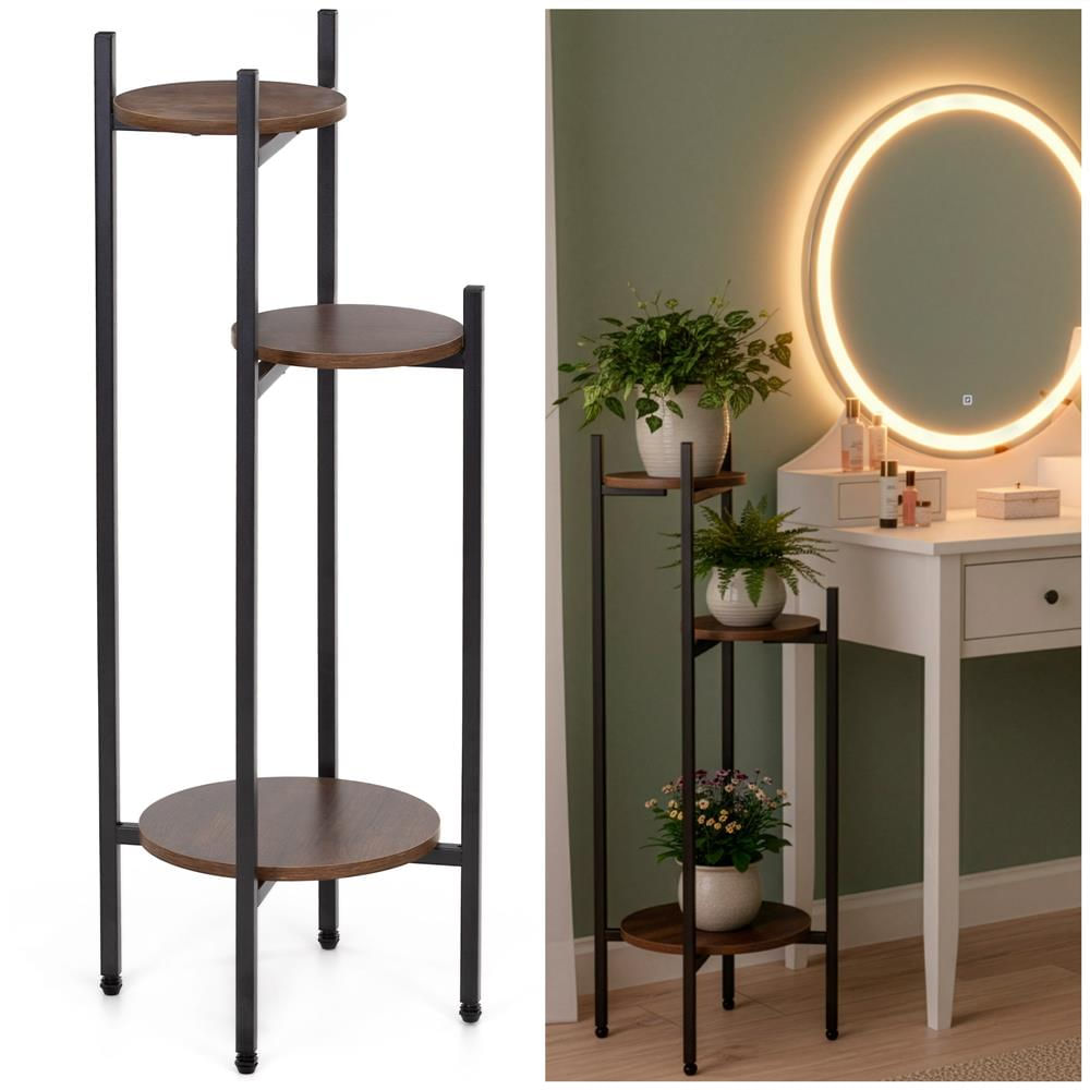 Suport pentru flori, rotund cu 3 polite, structura metalica si MDF, 32x32x81 cm, negru — imaginea 2
