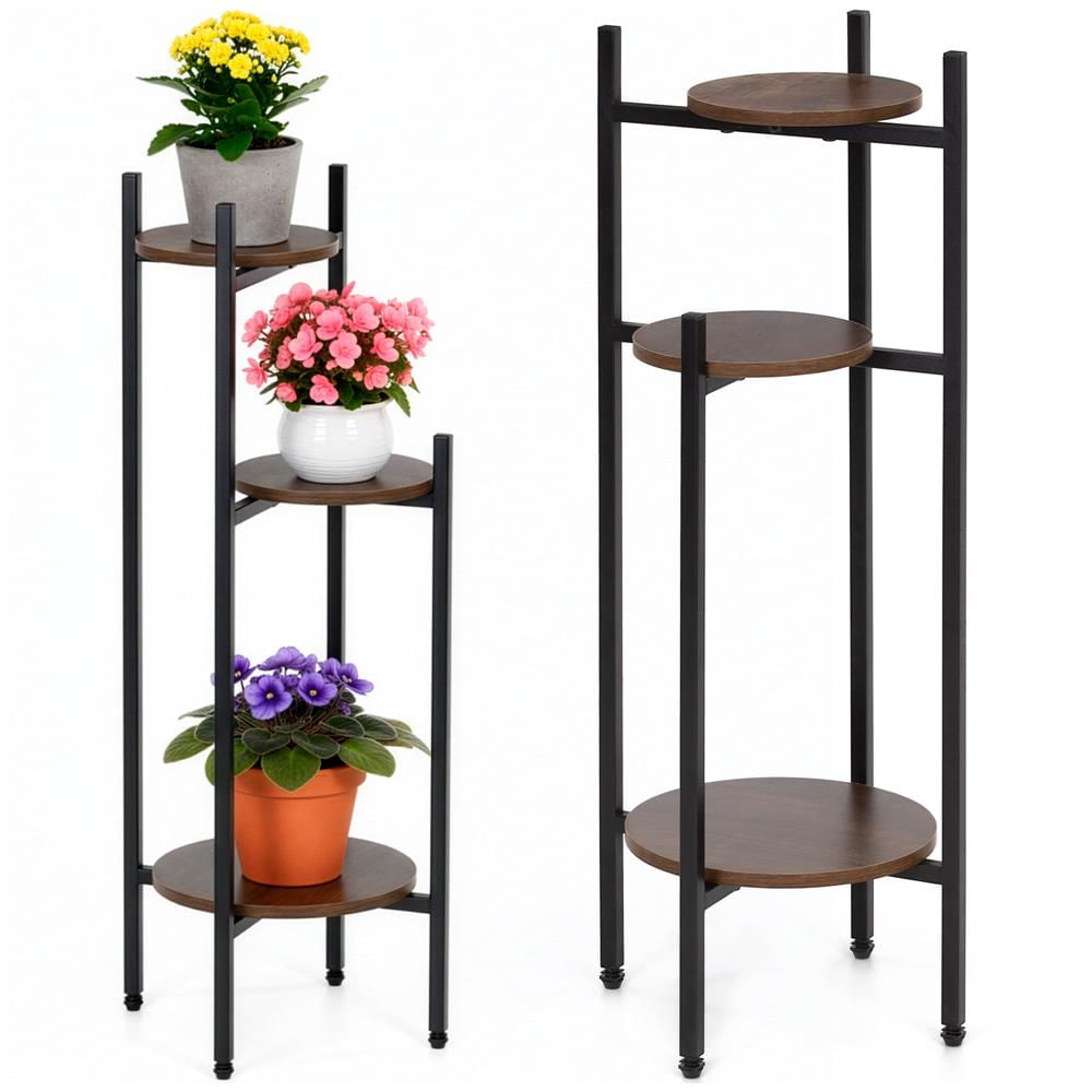 Suport pentru flori, rotund cu 3 polite, structura metalica si MDF, 32x32x81 cm, negru — imaginea 3