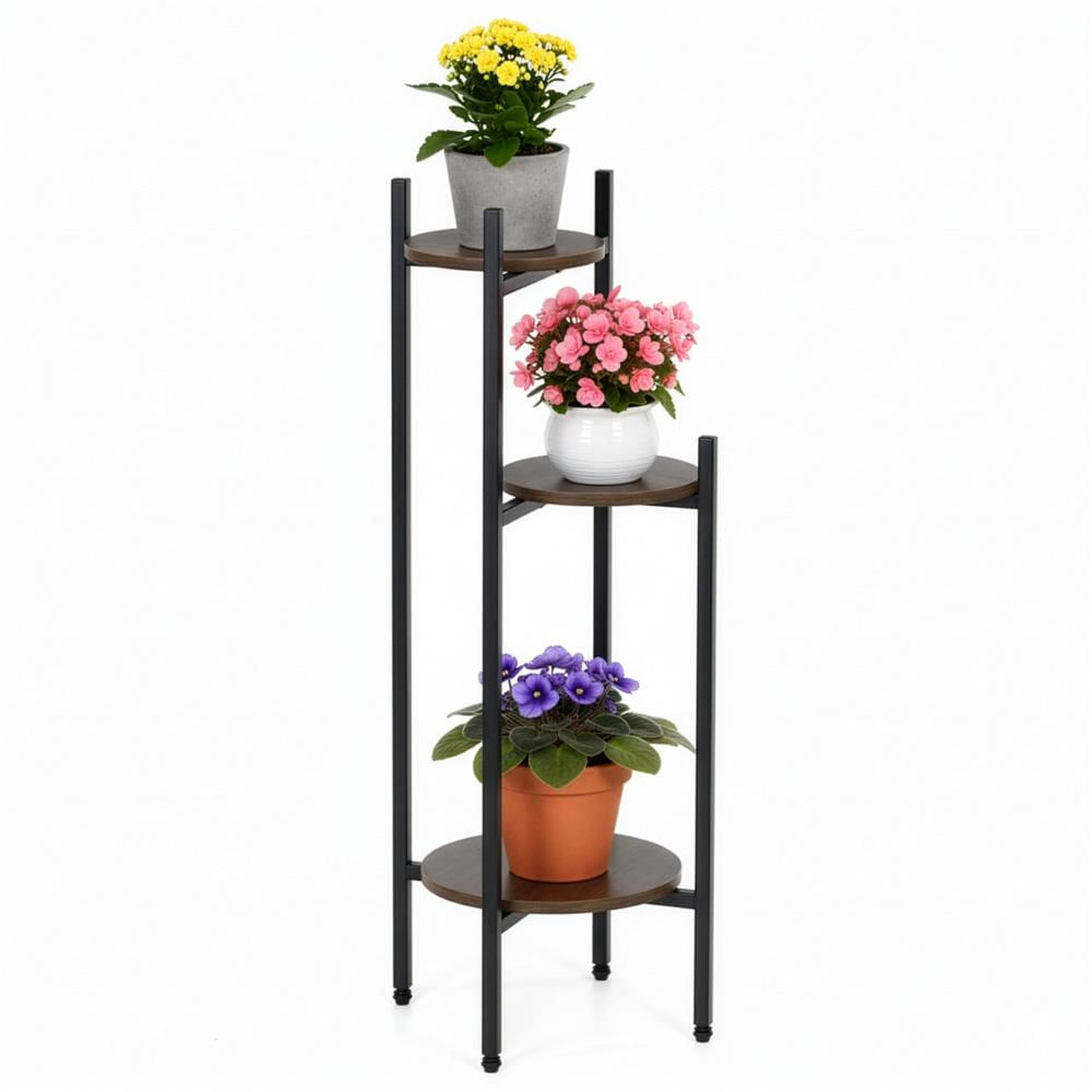 Suport pentru flori, rotund cu 3 polite, structura metalica si MDF, 32x32x81 cm, negru — imaginea 5