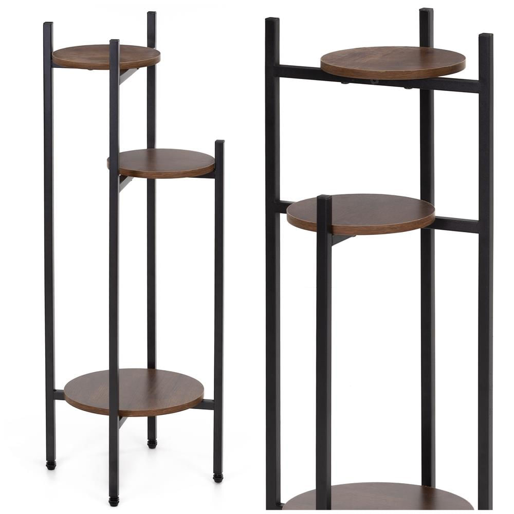 Suport pentru flori, rotund cu 3 polite, structura metalica si MDF, 32x32x81 cm, negru — imaginea 7