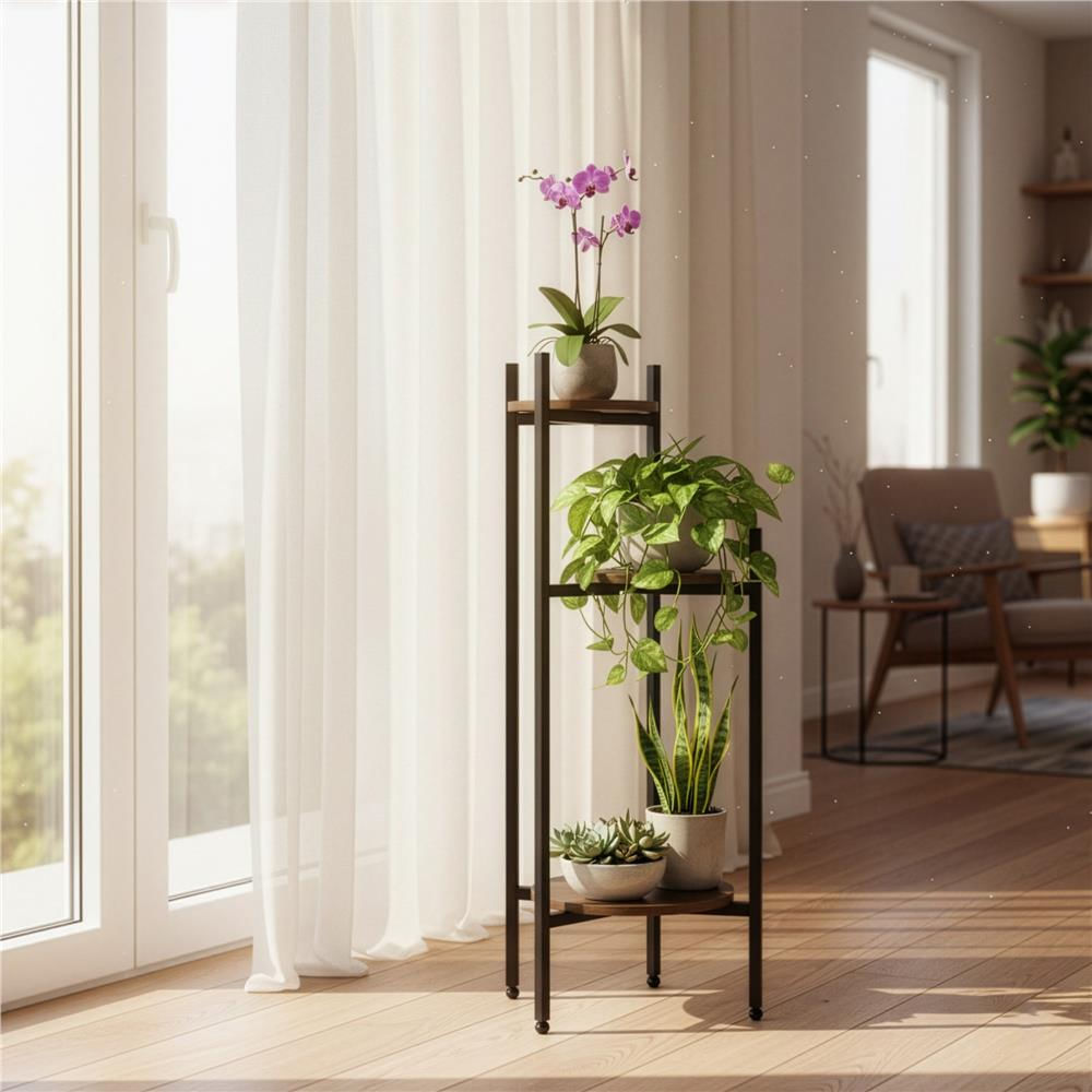 Suport pentru flori, rotund cu 3 polite, structura metalica si MDF, 32x32x81 cm, negru — imaginea 8