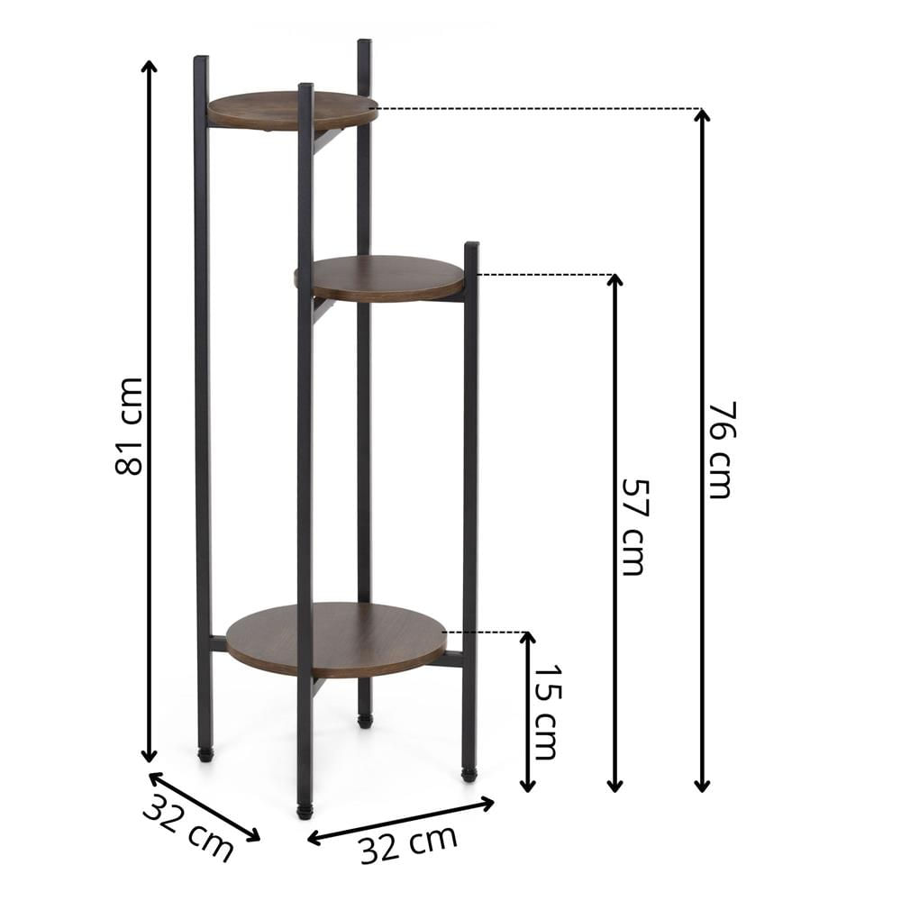Suport pentru flori, rotund cu 3 polite, structura metalica si MDF, 32x32x81 cm, negru — imaginea 13