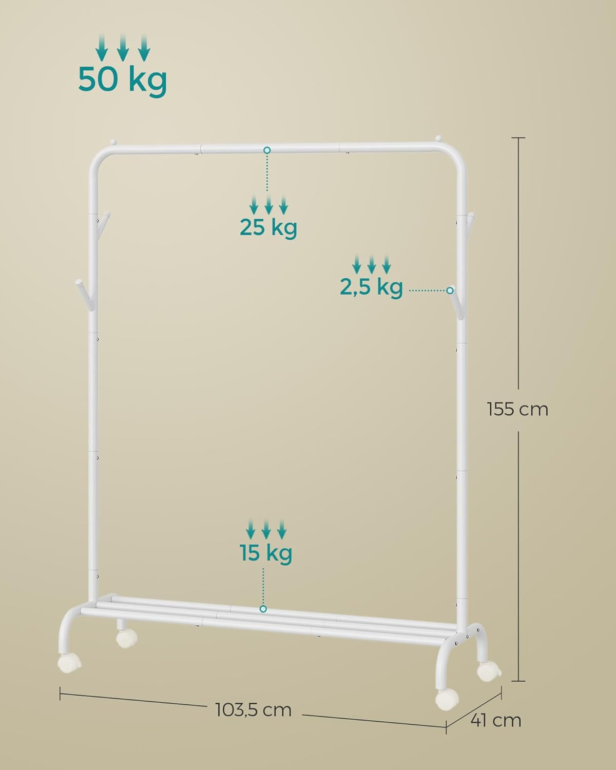 Suport haine metalic cu roti si raft inferior, stil industrial, 103x41x155 cm, alb — imaginea 3