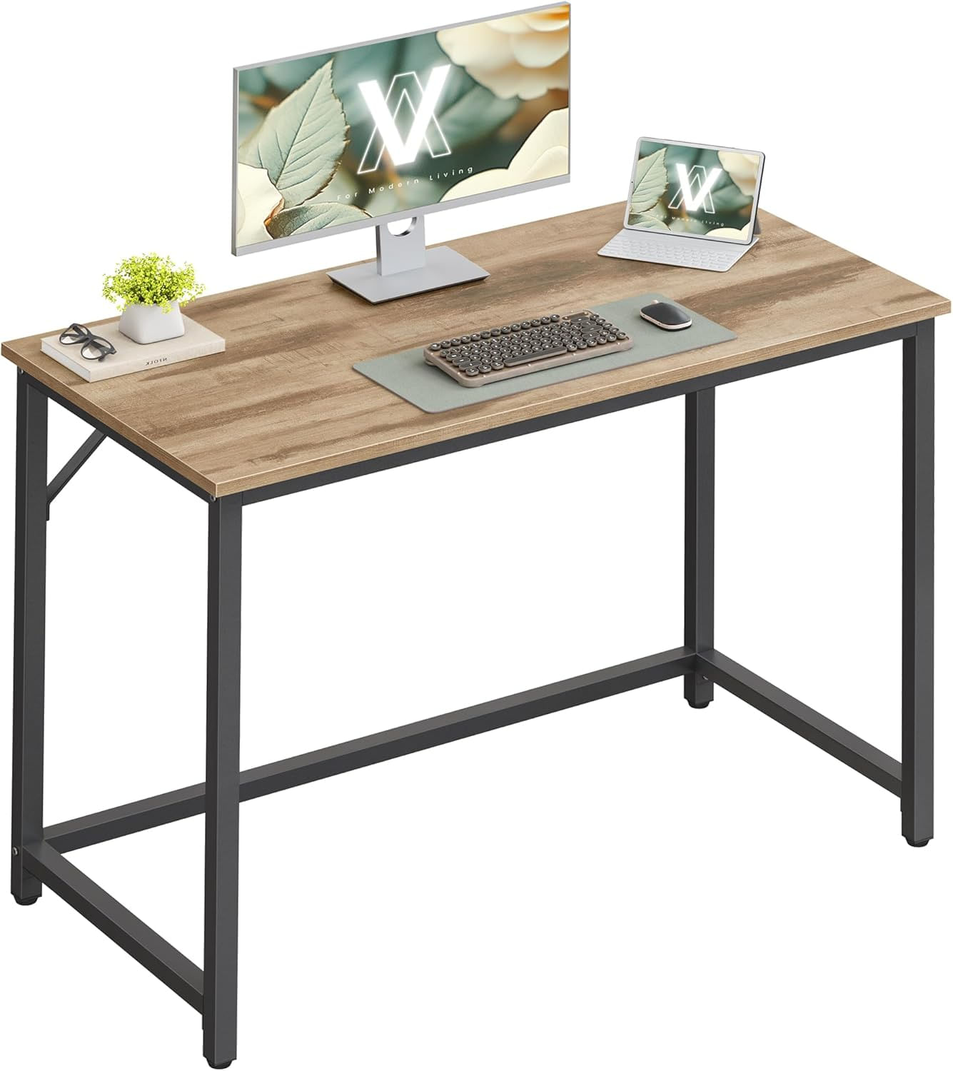 Birou calculator cu blat din PAL, cadru metalic, stil industrial, 100x50x76 cm, maro camel — imaginea 5