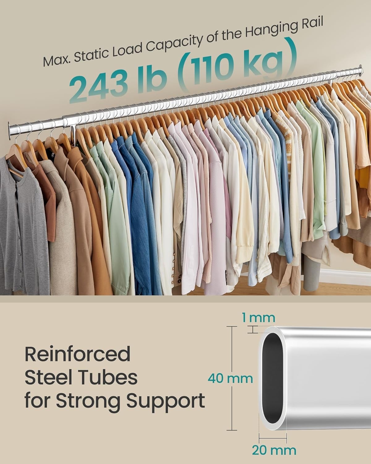 Suport haine cu roti, bara extensibila pentru umerase, structura metalica sarcina mare, 45x160-200x163 cm, argintiu — imaginea 3