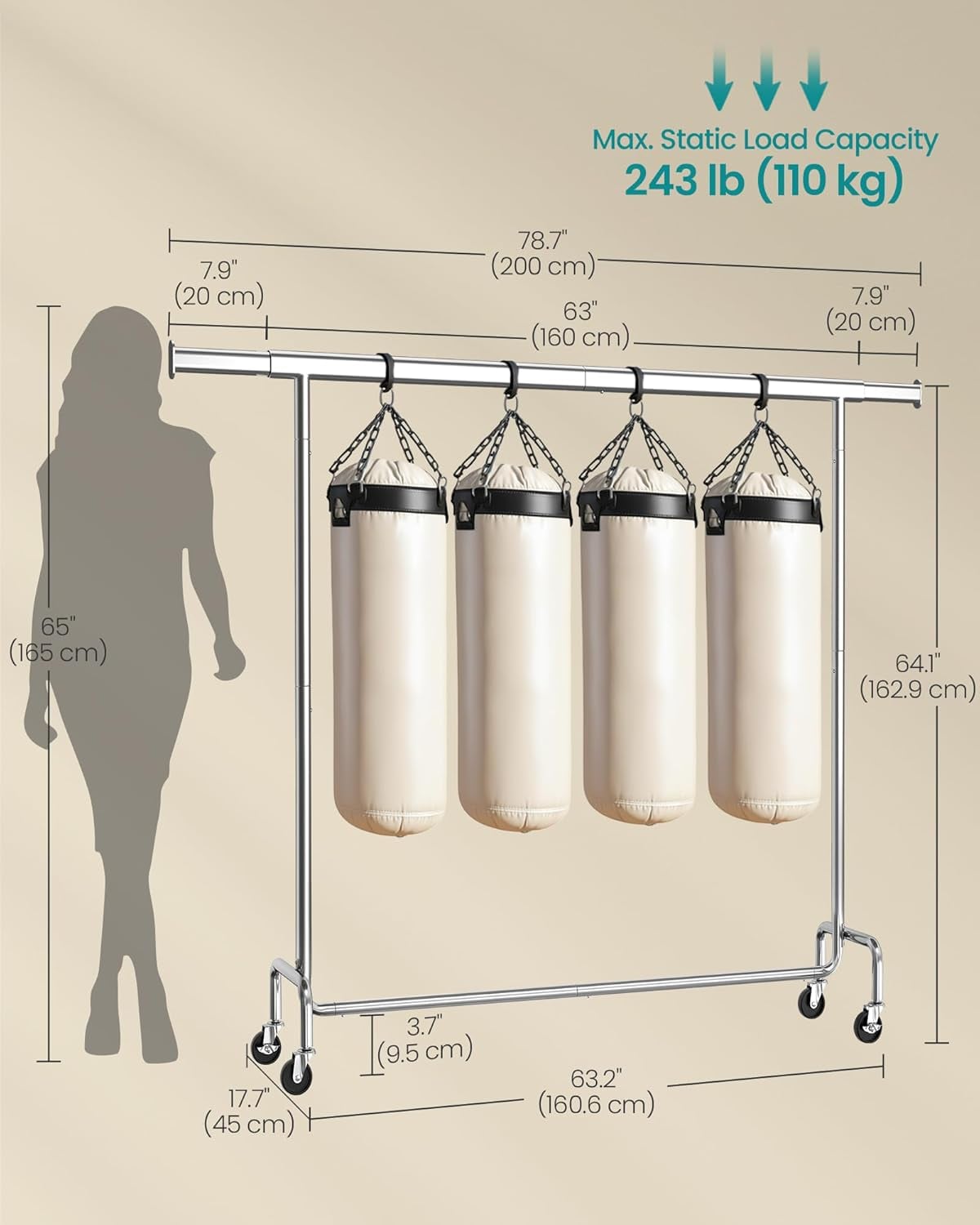 Suport haine cu roti, bara extensibila pentru umerase, structura metalica sarcina mare, 45x160-200x163 cm, argintiu — imaginea 4