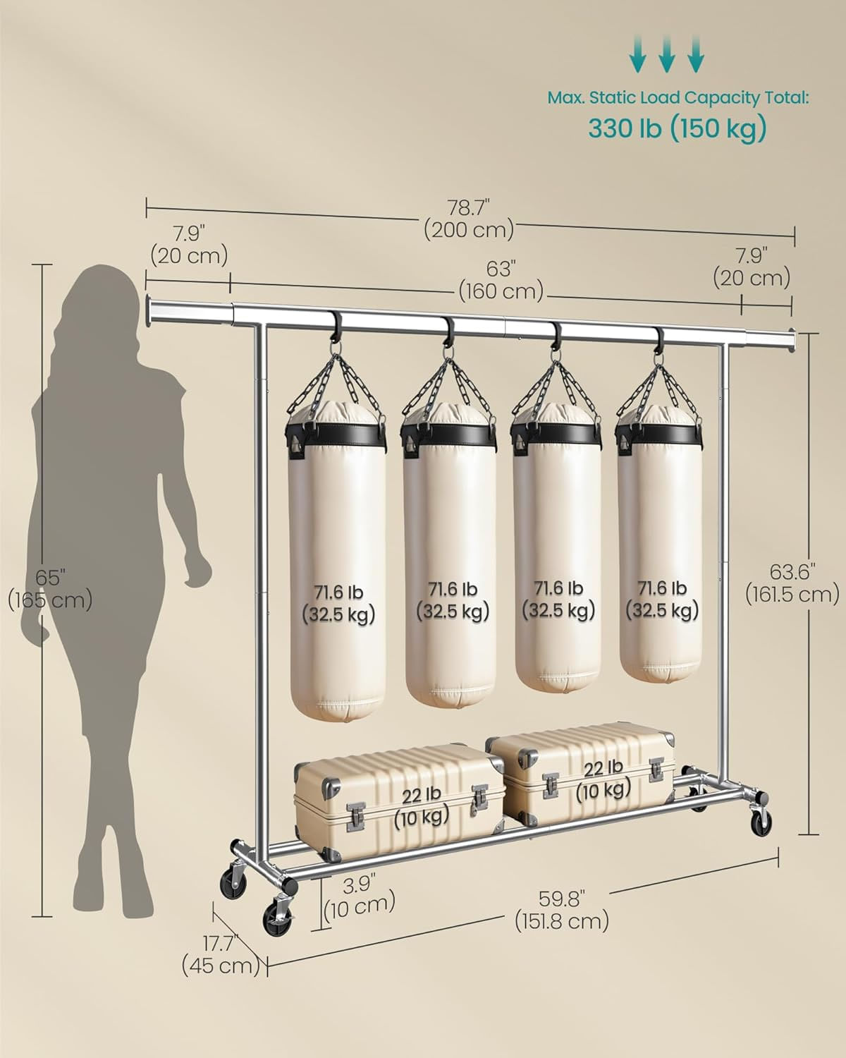 Suport haine cu roti, extensibil 160a€“200 cm, sarcina heavy duty otel 150 kg, roti blocabile, argintiu