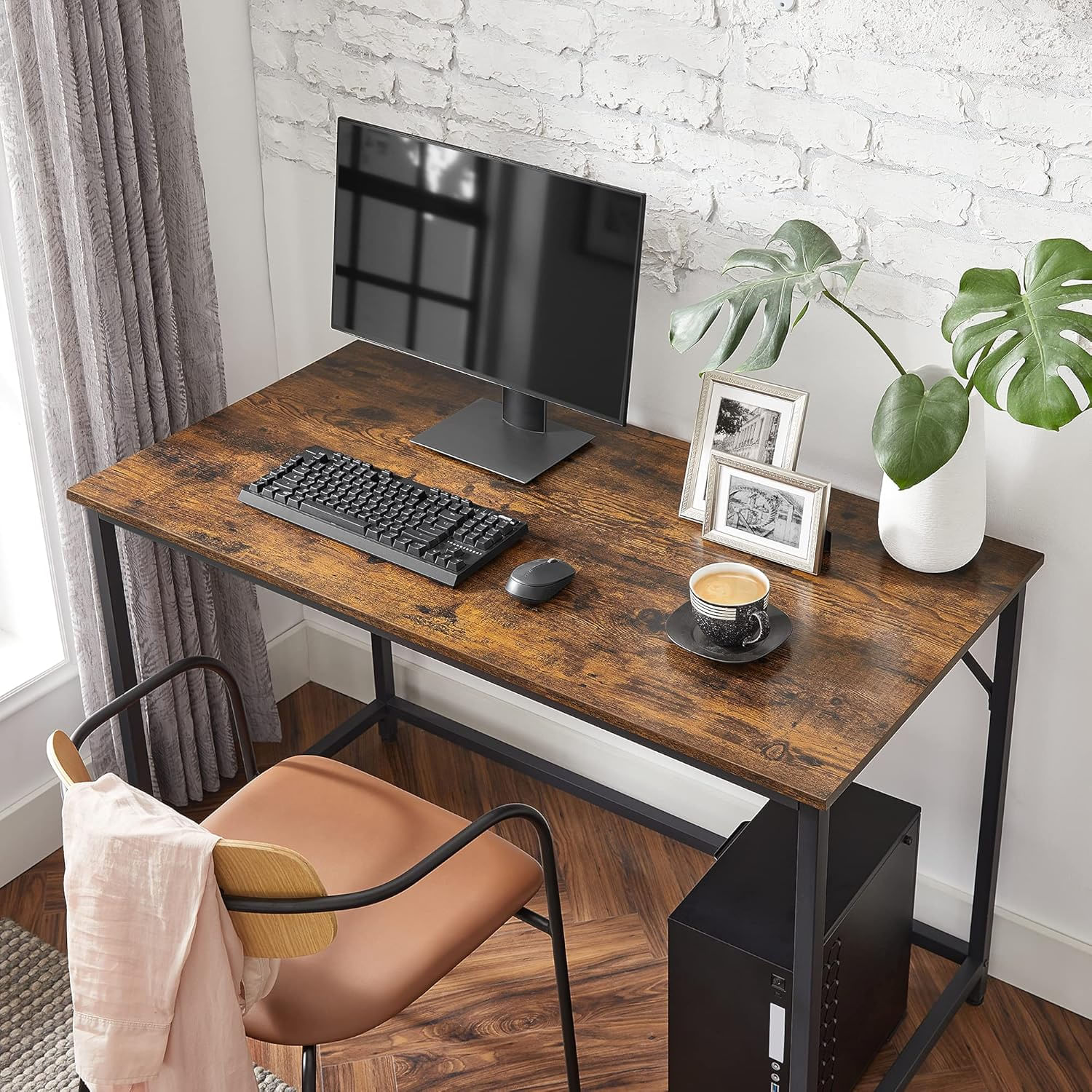 Birou calculator cu blat din PAL, cadru metalic, stil industrial, 120x60x75 cm, maro rustic — imaginea 8