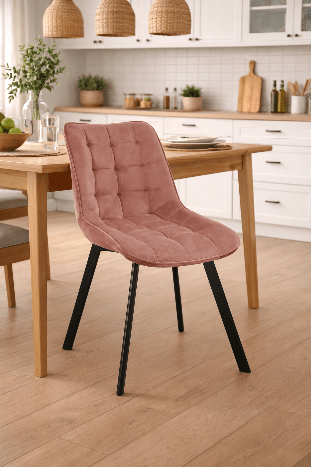 Scaun tapitat, din velur, picioare metalice, maxim 125 kg, 48x60x87 cm, roz pudrat — imaginea 5