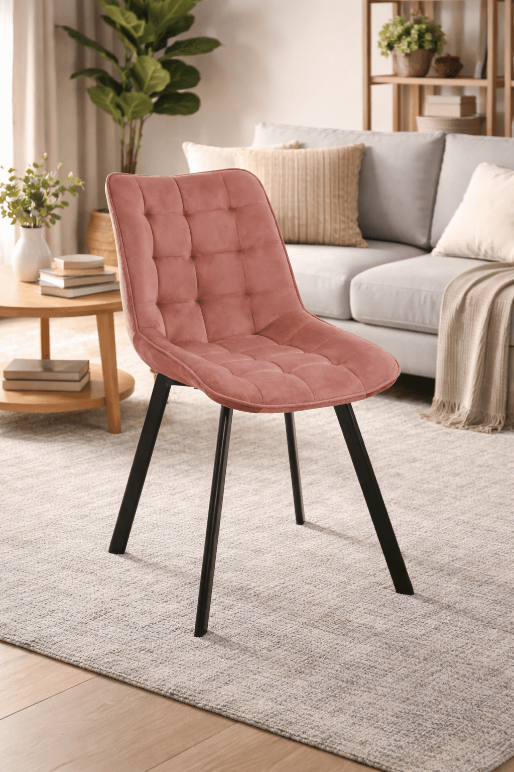 Scaun tapitat, din velur, picioare metalice, maxim 125 kg, 48x60x87 cm, roz pudrat — imaginea 6