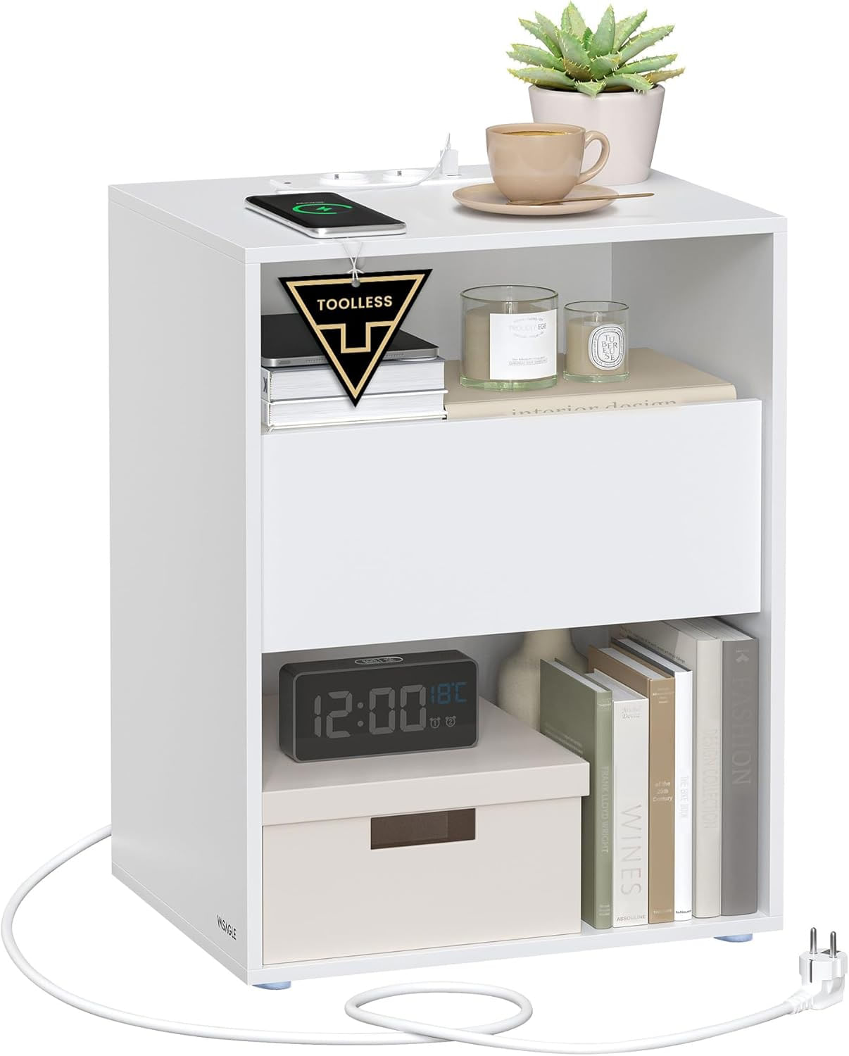 Noptiera cu sertar si statie de incarcare, 2 prize, 2 porturi USB, 45x35x58 cm, alb — imaginea 2