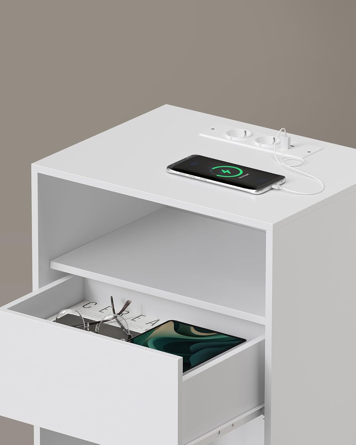 Noptiera cu sertar si statie de incarcare, 2 prize, 2 porturi USB, 45x35x58 cm, alb — imaginea 3