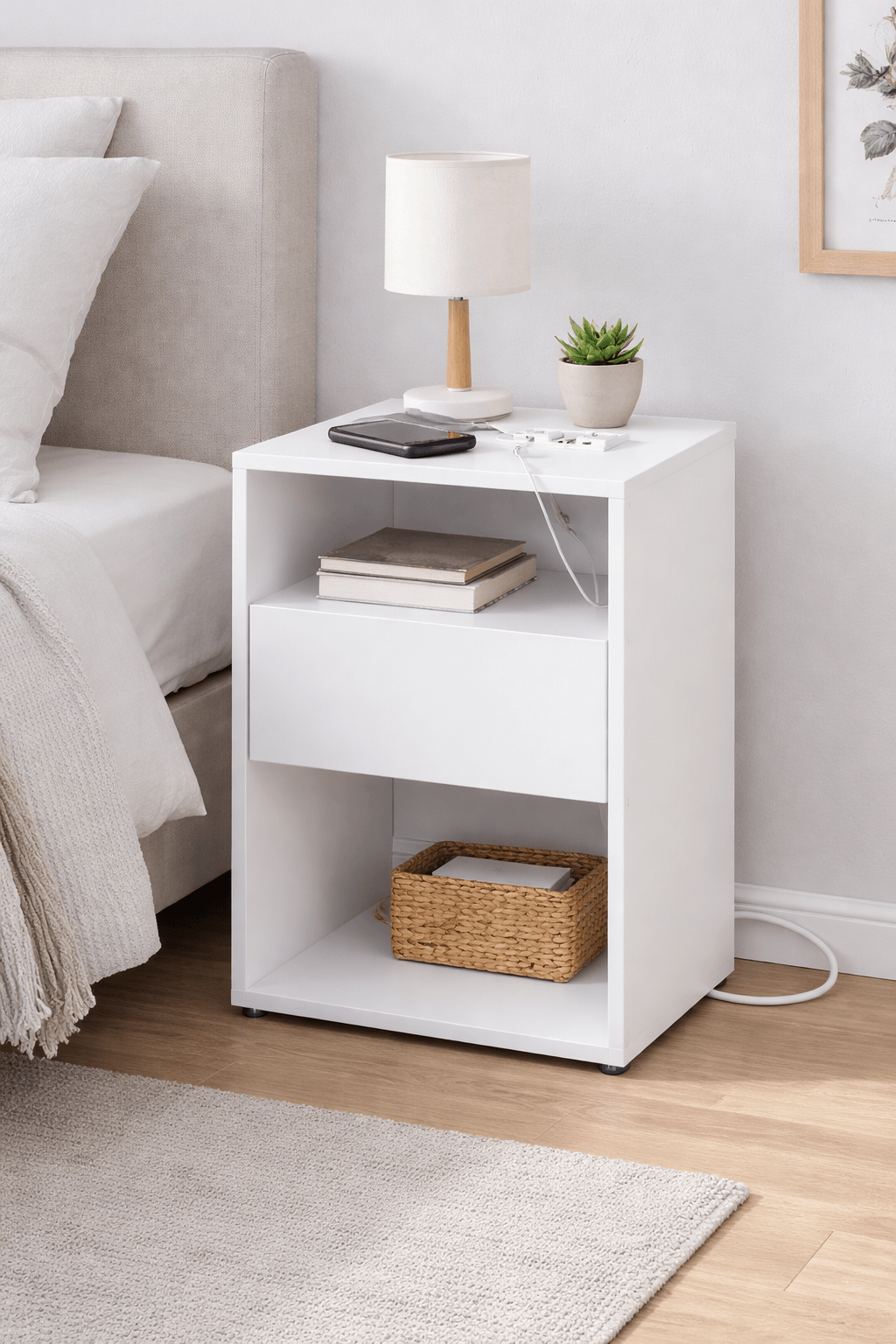 Noptiera cu sertar si statie de incarcare, 2 prize, 2 porturi USB, 45x35x58 cm, alb — imaginea 5