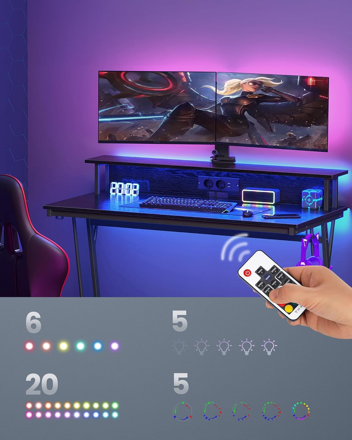 Birou gaming cu iluminare LED reglabila, 2 prize si 2 USB, suport 2 monitoare, 120x60x76 cm, negru — imaginea 6