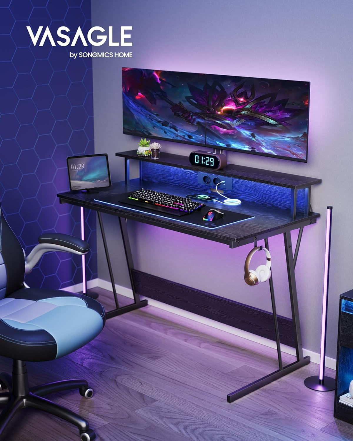 Birou gaming cu iluminare LED reglabila, 2 prize si 2 USB, suport 2 monitoare, 120x60x76 cm, negru — imaginea 7