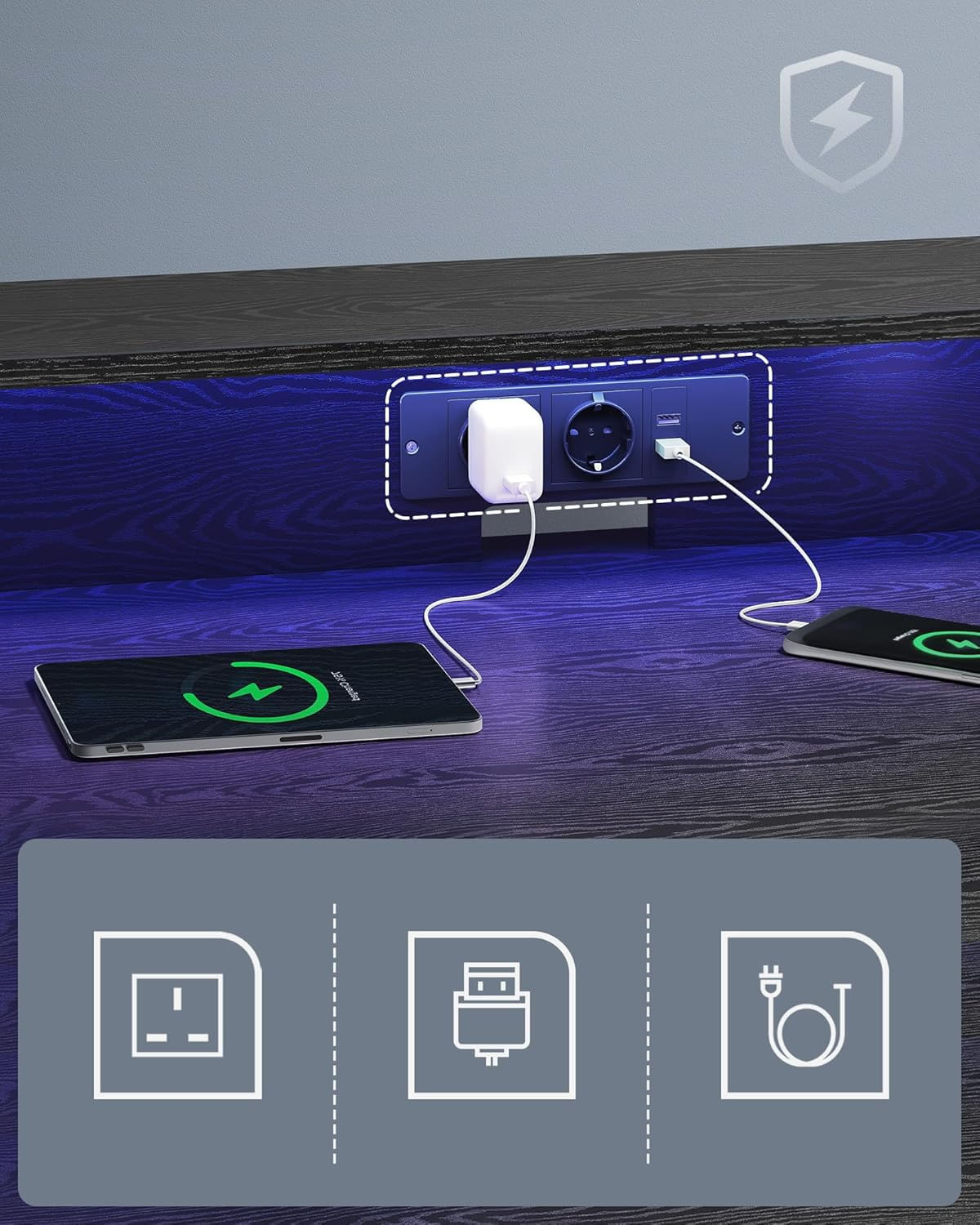 Birou gaming cu iluminare LED reglabila, 2 prize si 2 USB, suport 2 monitoare, 120x60x76 cm, negru — imaginea 8