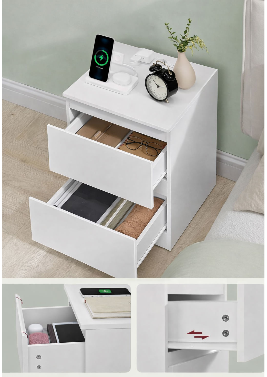 Noptiera Kailyn cu 2 sertare, 2 prize integrate si 2 porturi USB, 40x35x49 cm, alb — imaginea 3