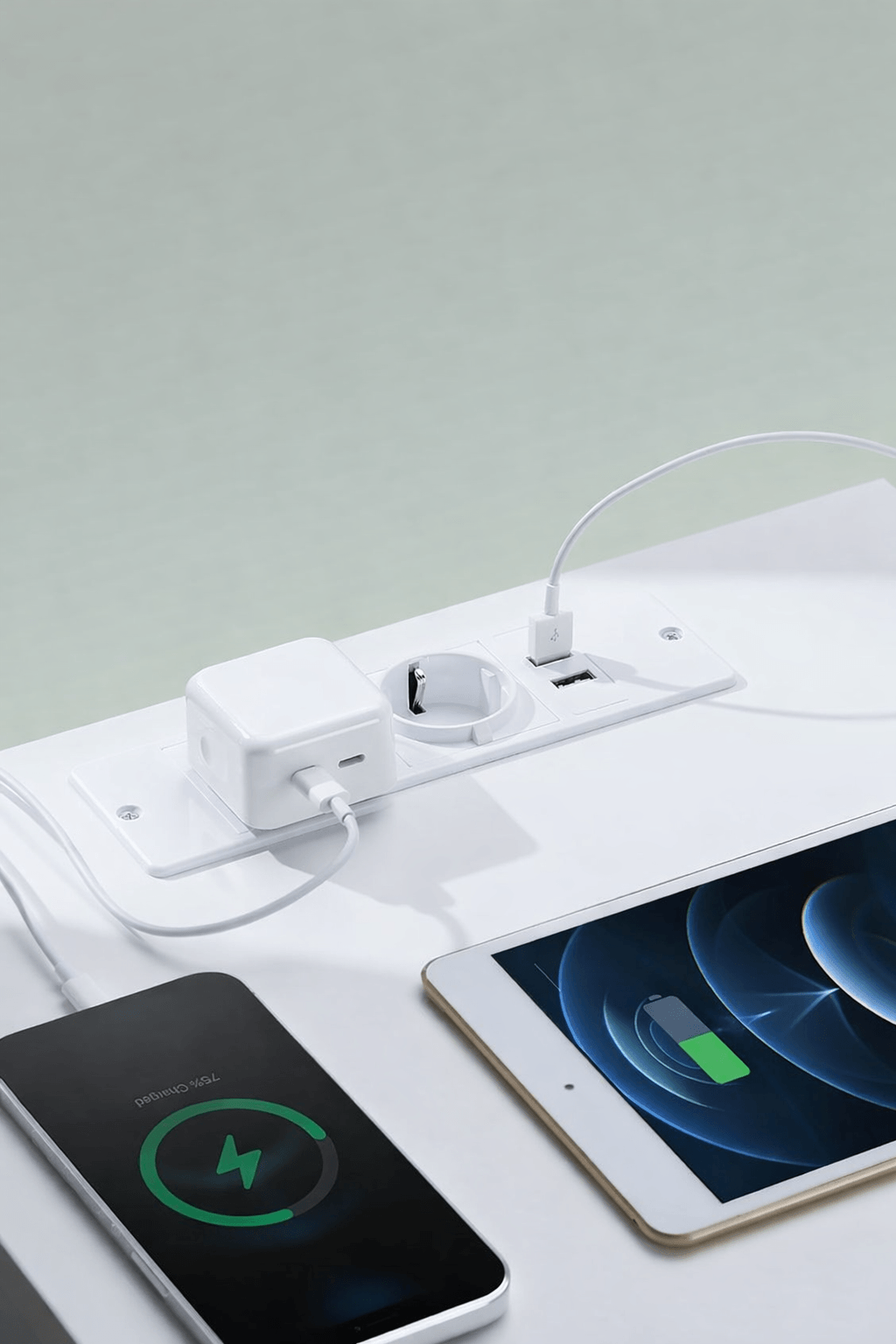 Noptiera Kailyn cu 2 sertare, 2 prize integrate si 2 porturi USB, 40x35x49 cm, alb — imaginea 4