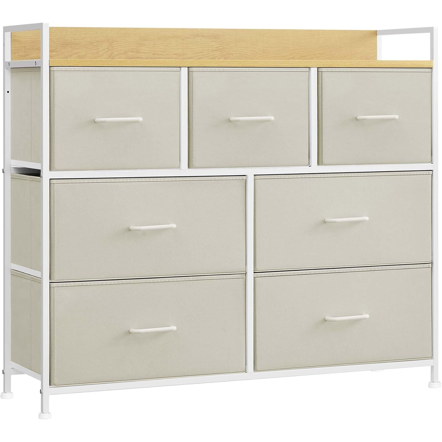 Comoda cu 7 sertare textile, cadru metalic si blat din PAL, design industrial, 98x29x85 cm, alb crem — imaginea 7