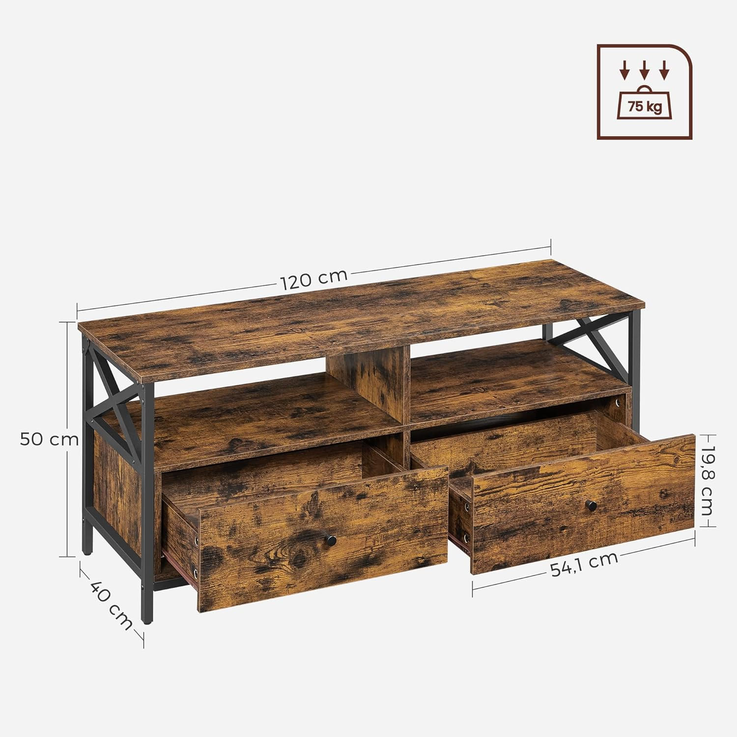 Comoda TV cu 2 sertare si 2 rafturi, cadru metalic, stil industrial, 120x40x50 cm, maro rustic — imaginea 2
