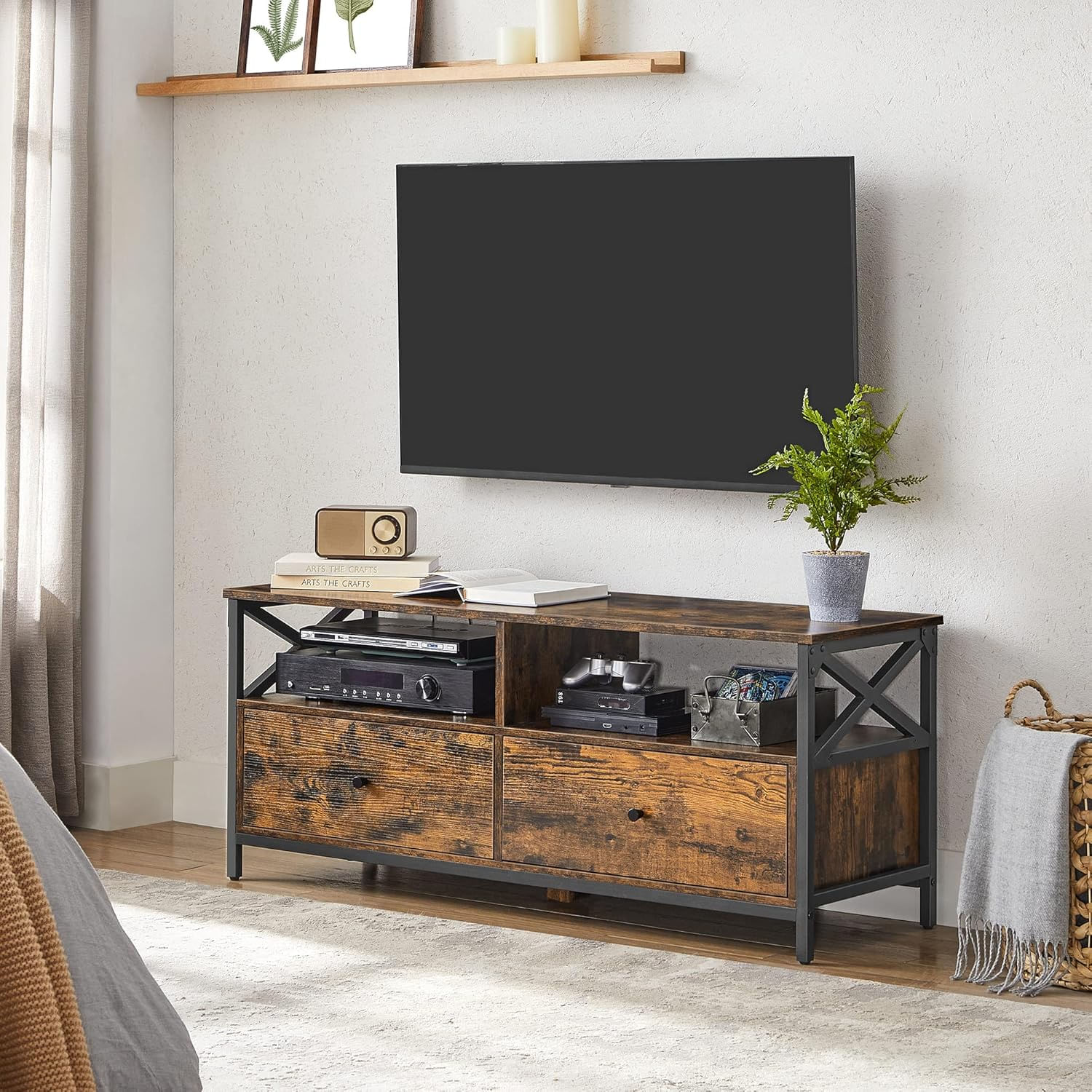 Comoda TV cu 2 sertare si 2 rafturi, cadru metalic, stil industrial, 120x40x50 cm, maro rustic — imaginea 4