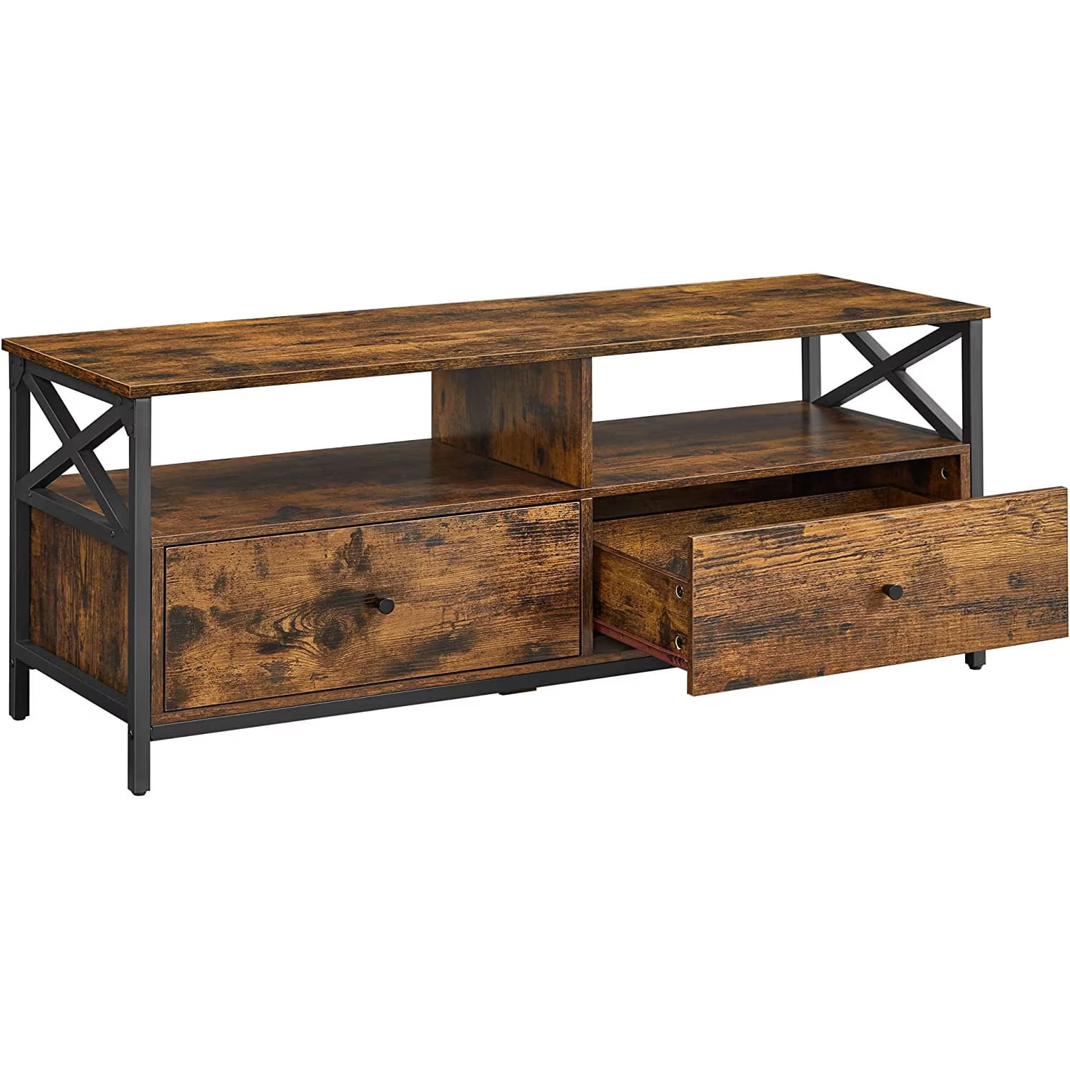 Comoda TV cu 2 sertare si 2 rafturi, cadru metalic, stil industrial, 120x40x50 cm, maro rustic — imaginea 7
