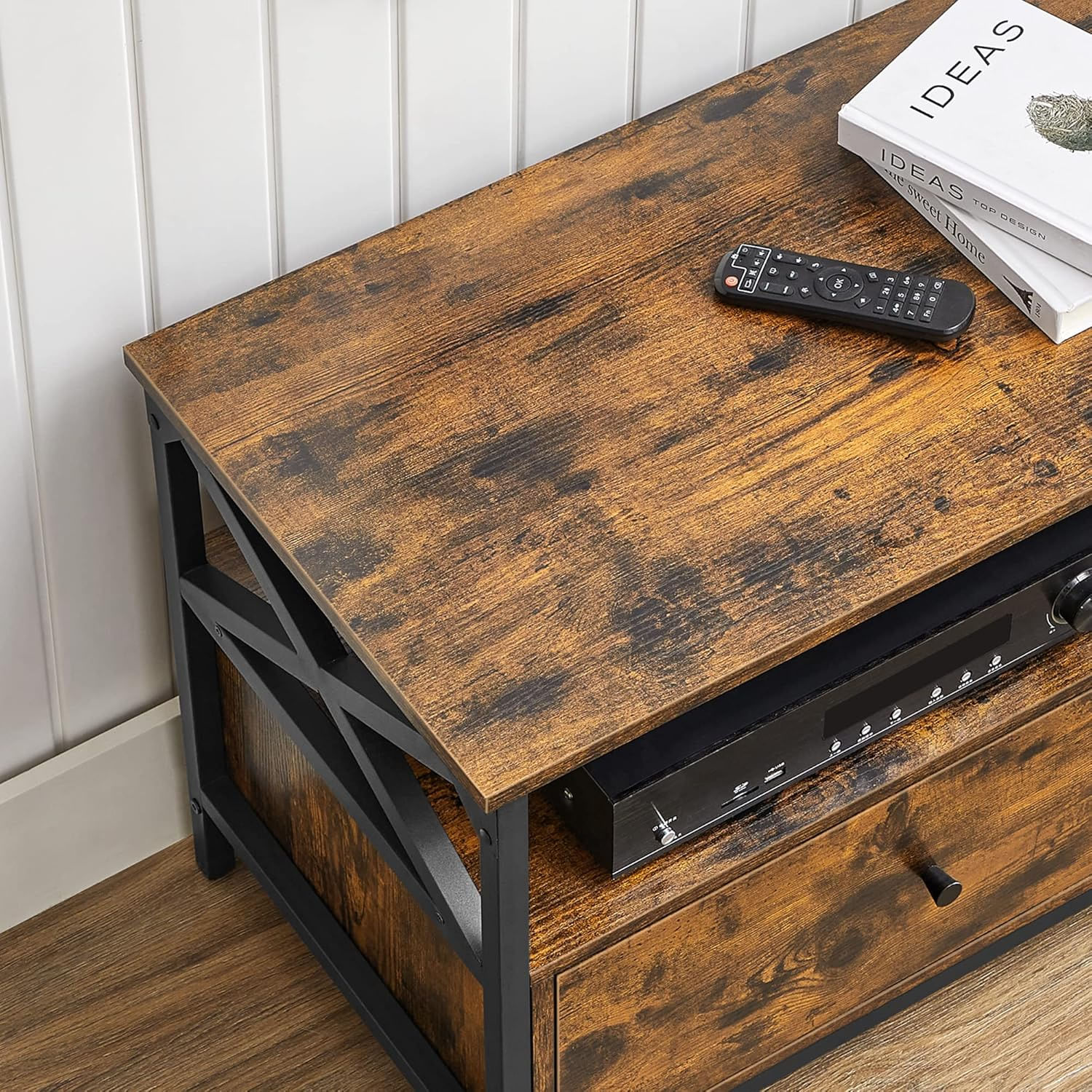 Comoda TV cu 2 sertare si 2 rafturi, cadru metalic, stil industrial, 120x40x50 cm, maro rustic — imaginea 8