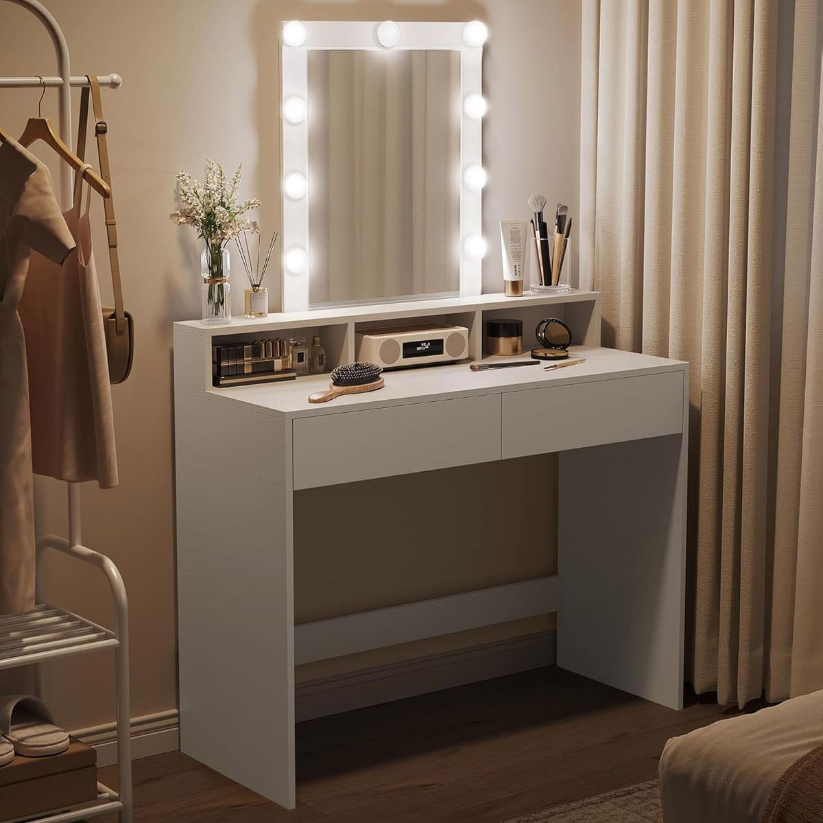 Masa de toaleta cu oglinda LED cu luminozitate reglabila, 2 sertare si 3 compartimente, 100x40x145 cm, alb — imaginea 2