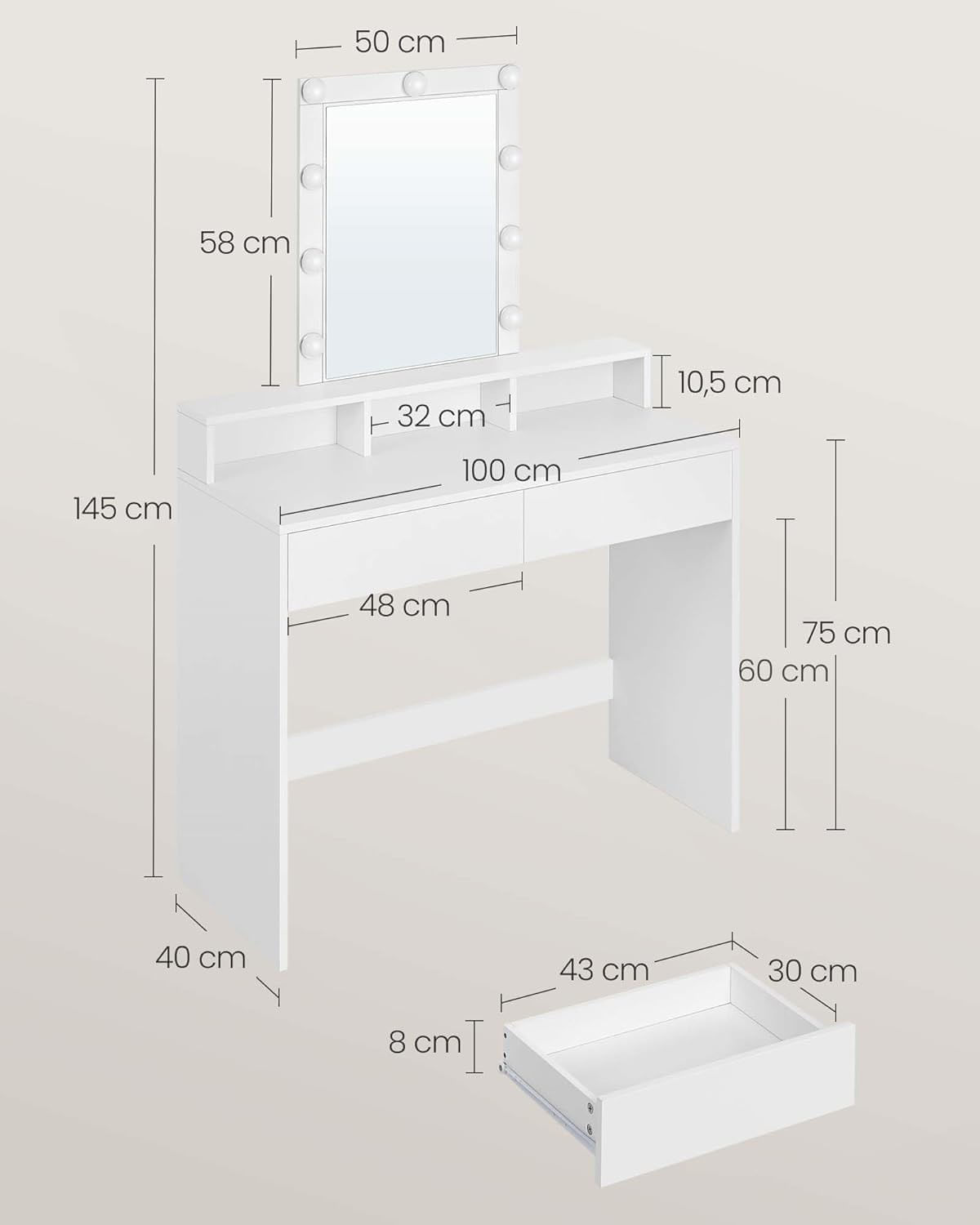 Masa de toaleta cu oglinda LED cu luminozitate reglabila, 2 sertare si 3 compartimente, 100x40x145 cm, alb — imaginea 3