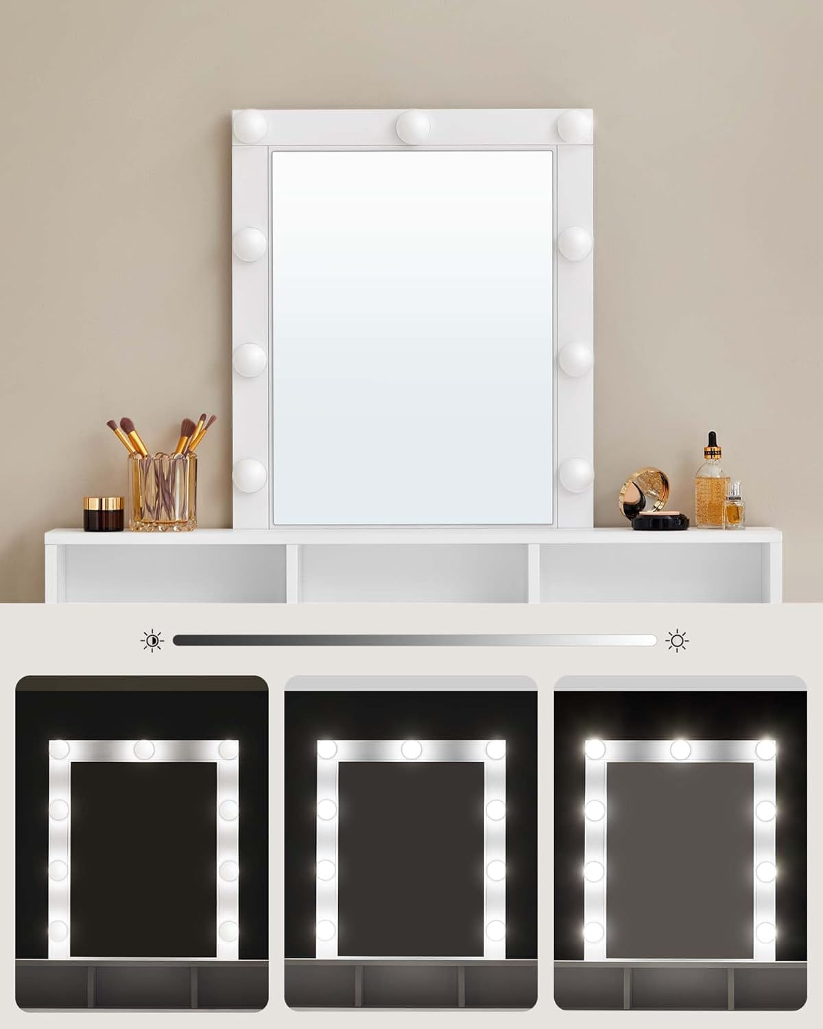 Masa de toaleta cu oglinda LED cu luminozitate reglabila, 2 sertare si 3 compartimente, 100x40x145 cm, alb — imaginea 4