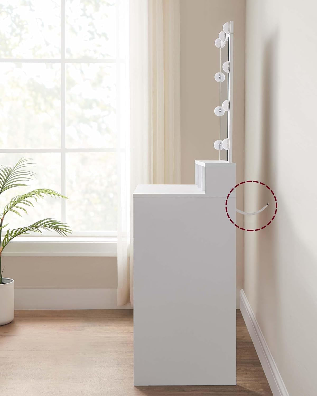 Masa de toaleta cu oglinda LED cu luminozitate reglabila, 2 sertare si 3 compartimente, 100x40x145 cm, alb — imaginea 5
