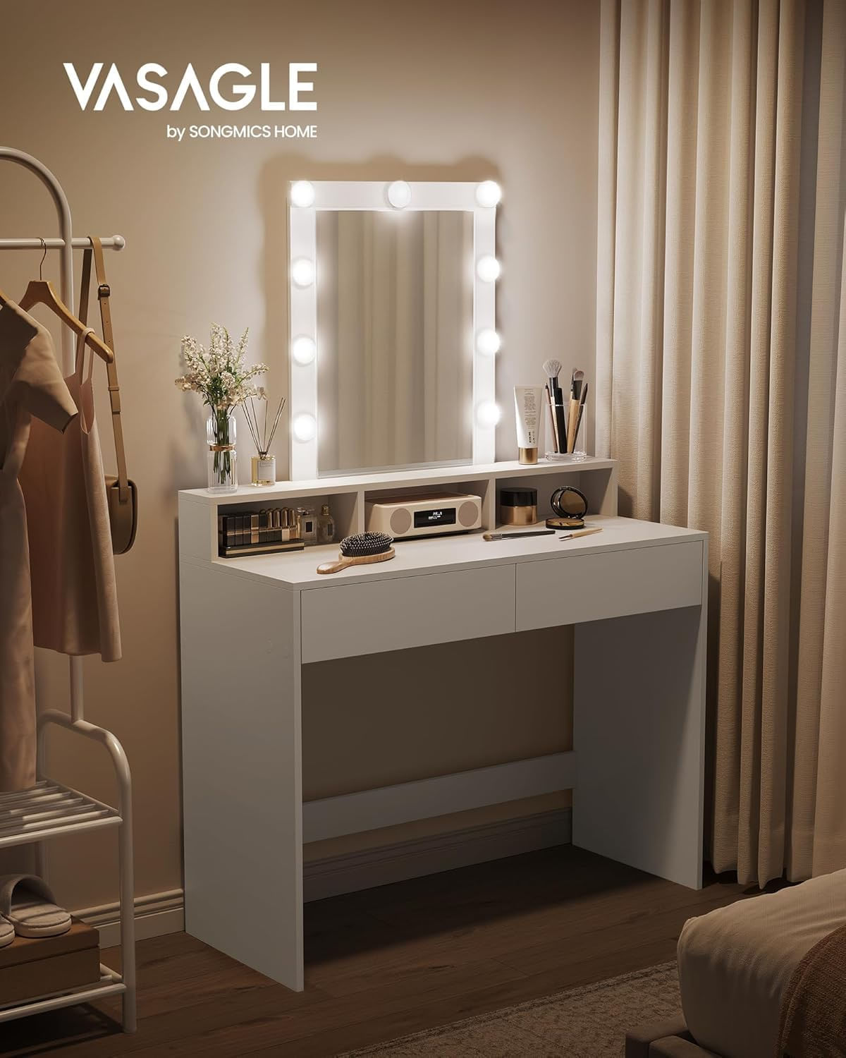 Masa de toaleta cu oglinda LED cu luminozitate reglabila, 2 sertare si 3 compartimente, 100x40x145 cm, alb — imaginea 9