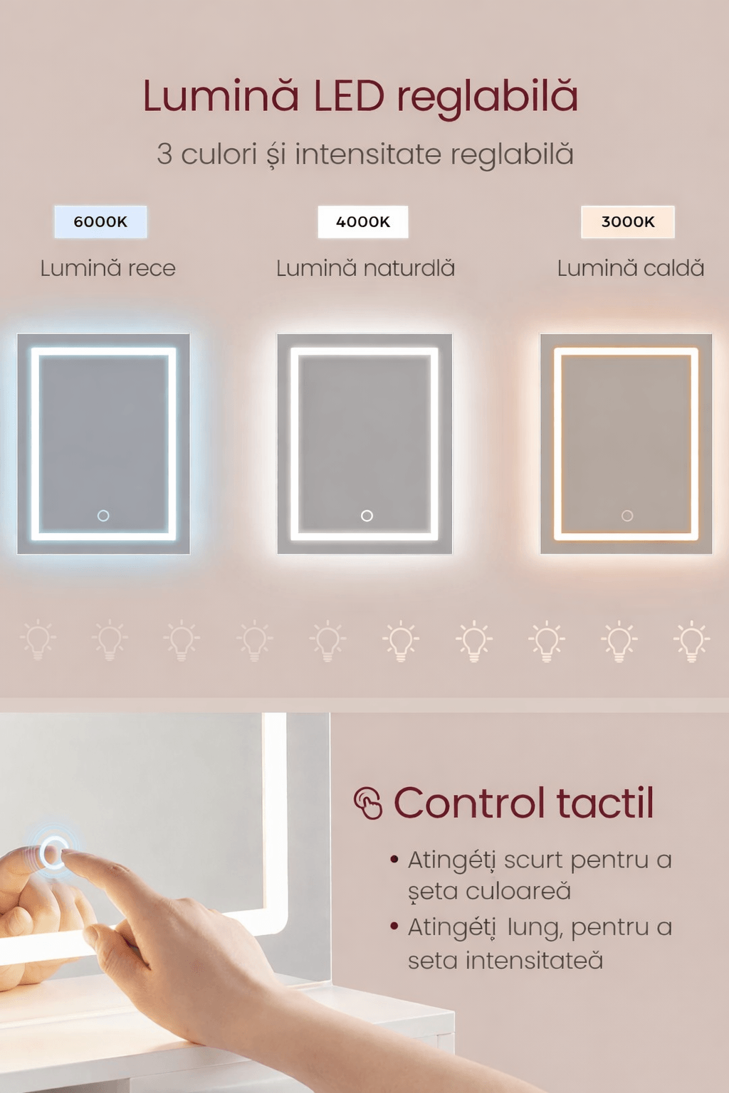 Masa de toaleta Kailyn cu oglinda LED si priza integrata, porturi USB, sertar, rafturi si dulap, PAL, 80x40x132 cm, alb — imaginea 5