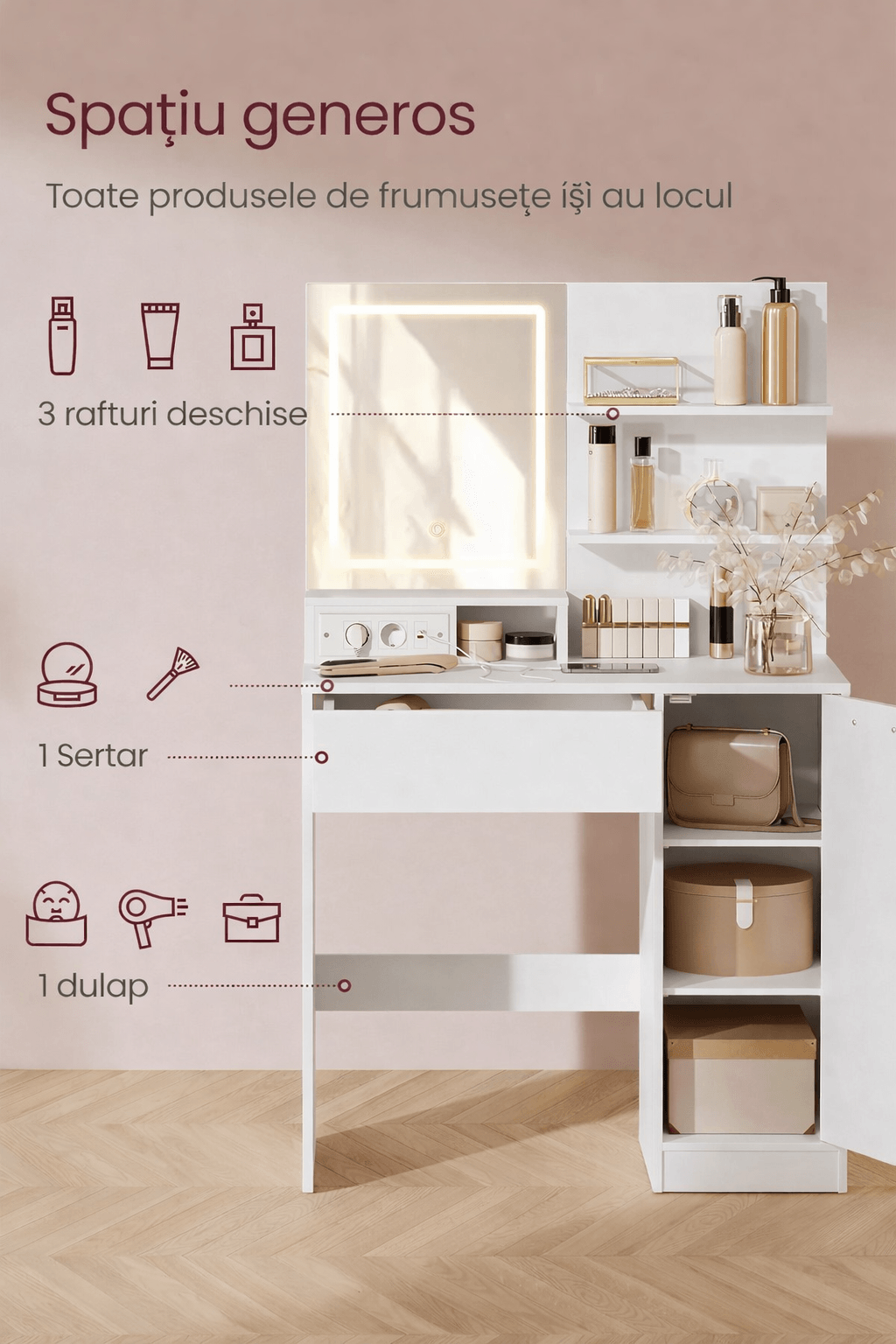 Masa de toaleta Kailyn cu oglinda LED si priza integrata, porturi USB, sertar, rafturi si dulap, PAL, 80x40x132 cm, alb — imaginea 6