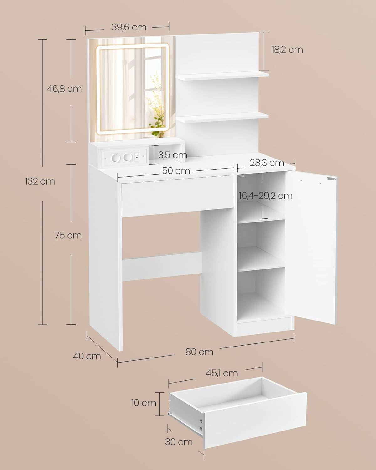 Masa de toaleta Kailyn cu oglinda LED si priza integrata, porturi USB, sertar, rafturi si dulap, PAL, 80x40x132 cm, alb — imaginea 7
