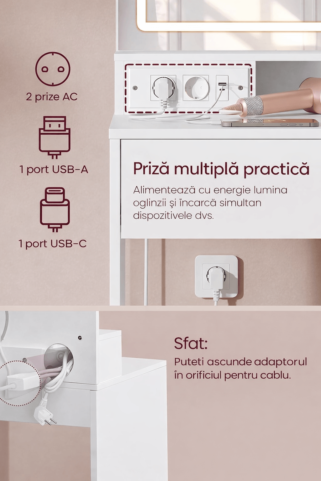 Masa de toaleta Kailyn cu oglinda LED si priza integrata, porturi USB, sertar, rafturi si dulap, PAL, 80x40x132 cm, alb — imaginea 8