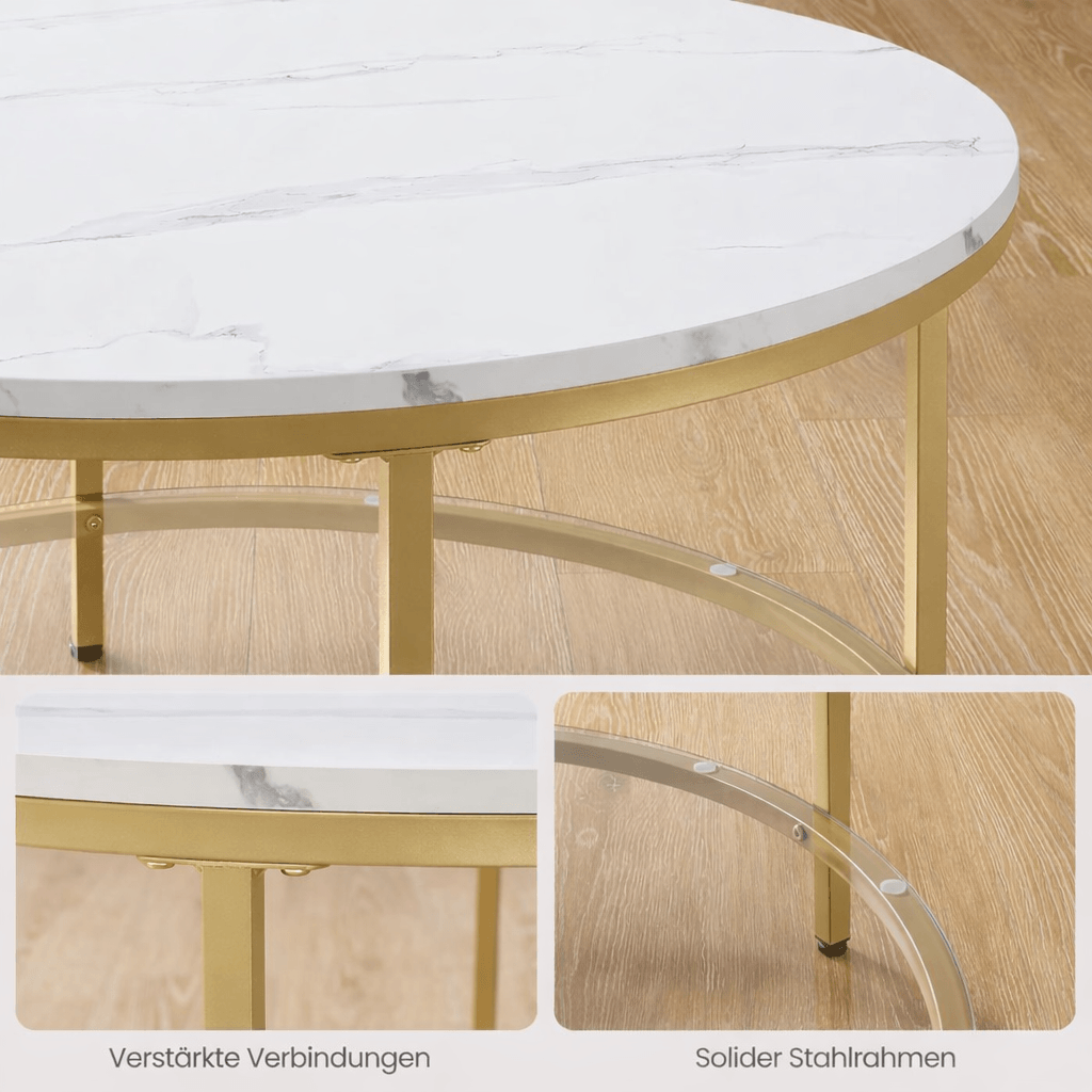 Masa de cafea rotunda cu blat din imitatie de marmura, polita suplimentara din sticla, 80x45cm, alb si auriu — imaginea 4