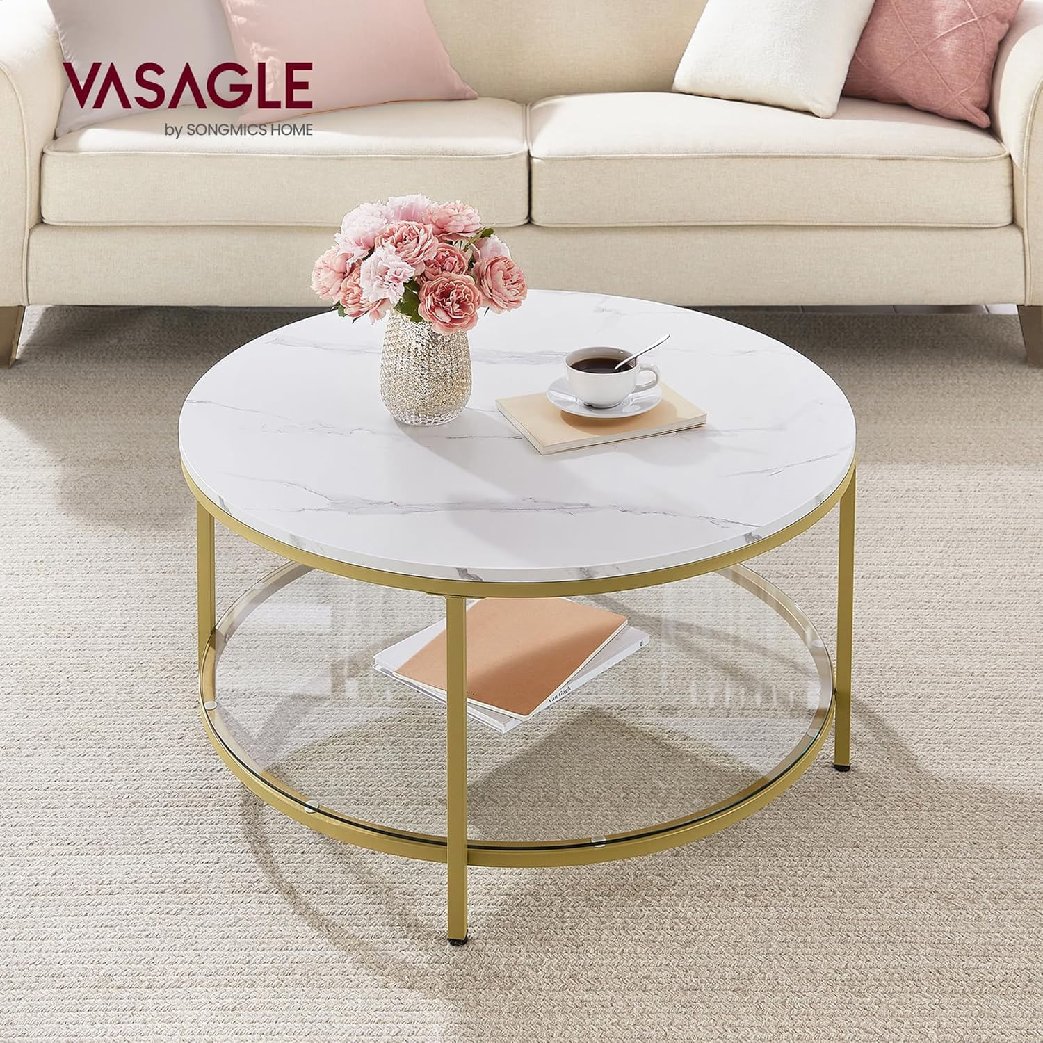 Masa de cafea rotunda cu blat din imitatie de marmura, polita suplimentara din sticla, 80x45cm, alb si auriu — imaginea 5