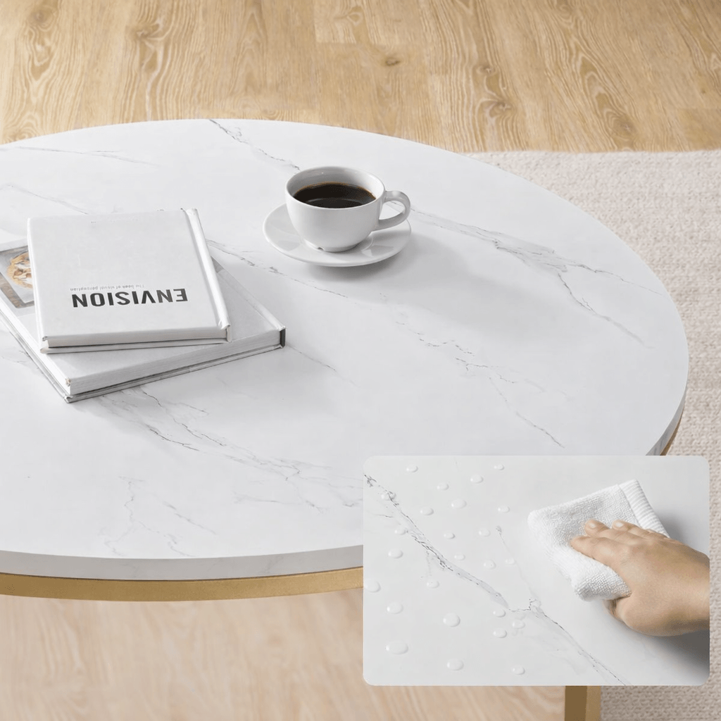 Masa de cafea rotunda cu blat din imitatie de marmura, polita suplimentara din sticla, 80x45cm, alb si auriu — imaginea 6