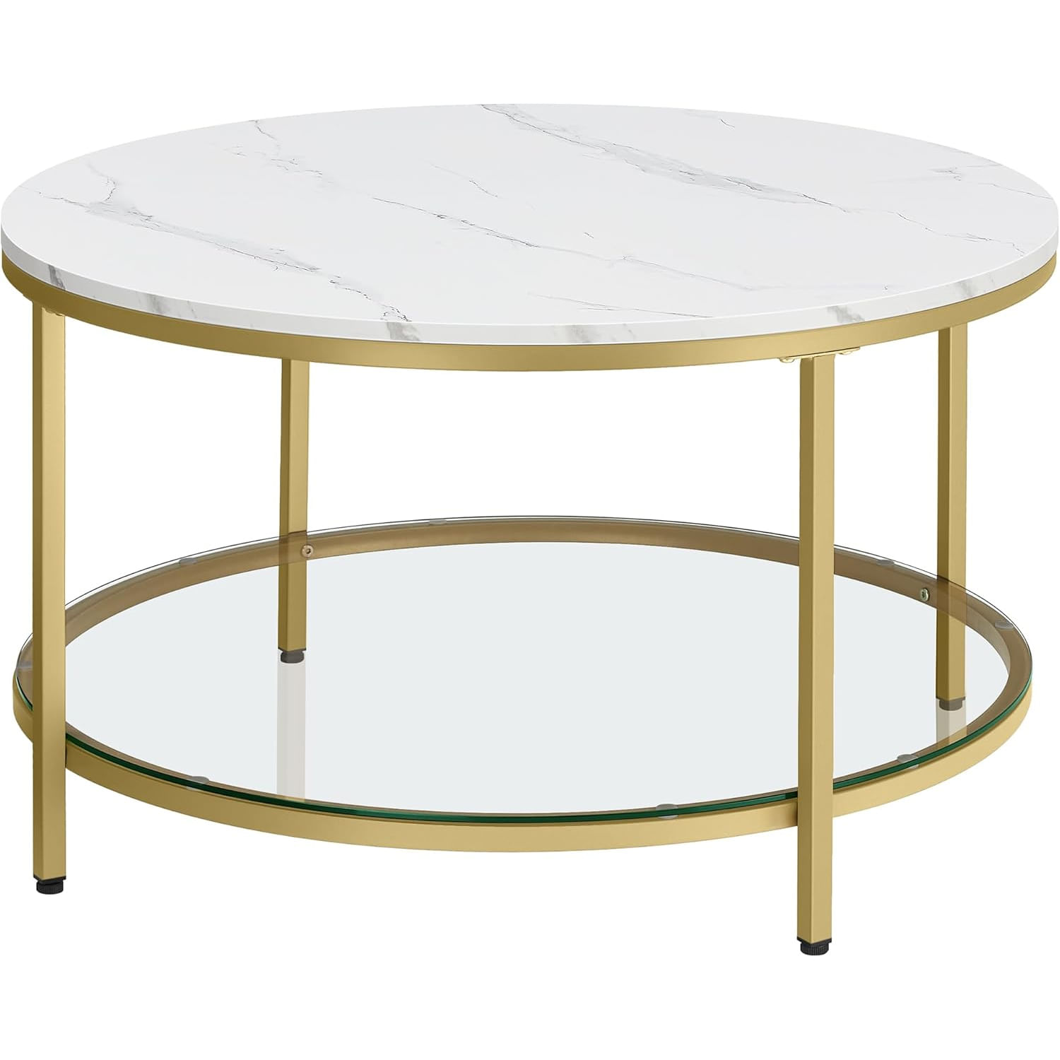 Masa de cafea rotunda cu blat din imitatie de marmura, polita suplimentara din sticla, 80x45cm, alb si auriu — imaginea 7