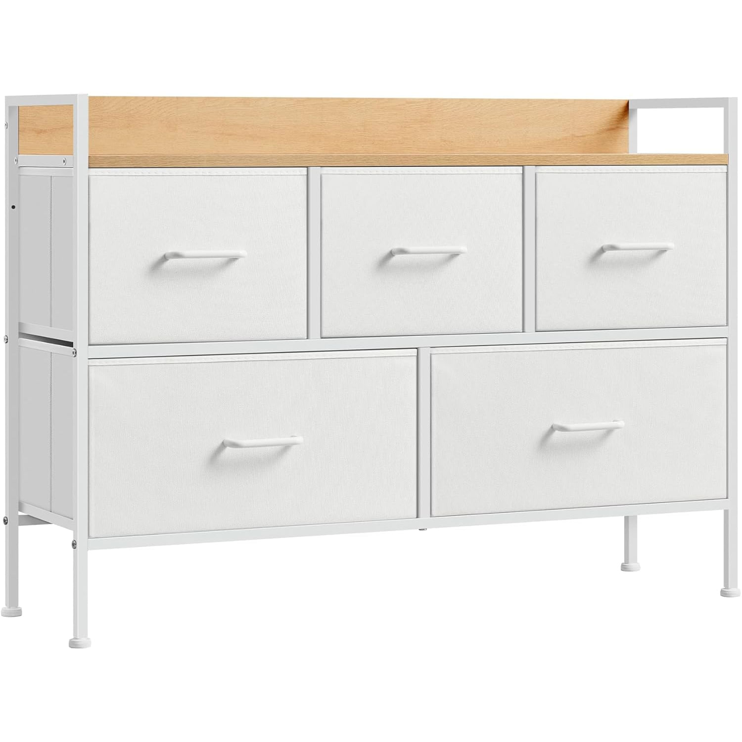 Comoda cu 5 sertare textile, cadru metalic si blat din PAL, design industrial, 98x29x70 cm, alb si stejar — imaginea 5