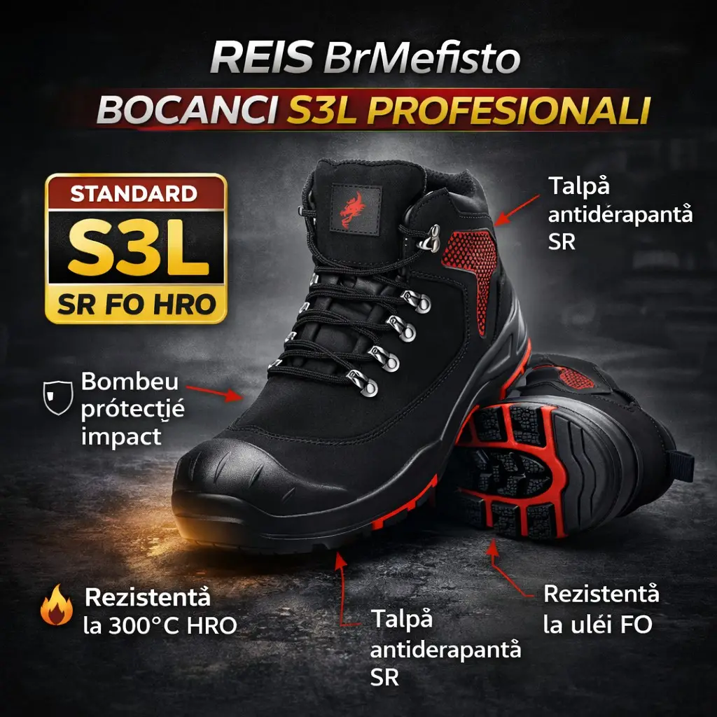 Bocanci de lucru piele nubuk, Reis, S3L SR FO HRO ,BrMefisto Negru — imaginea 4
