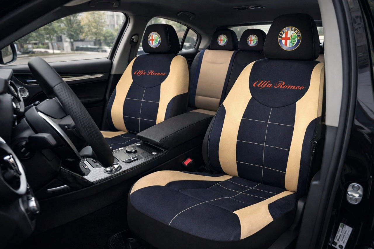 Set Huse Scaune Universale Compatibile cu Alfa Romeo – Negru/Crem