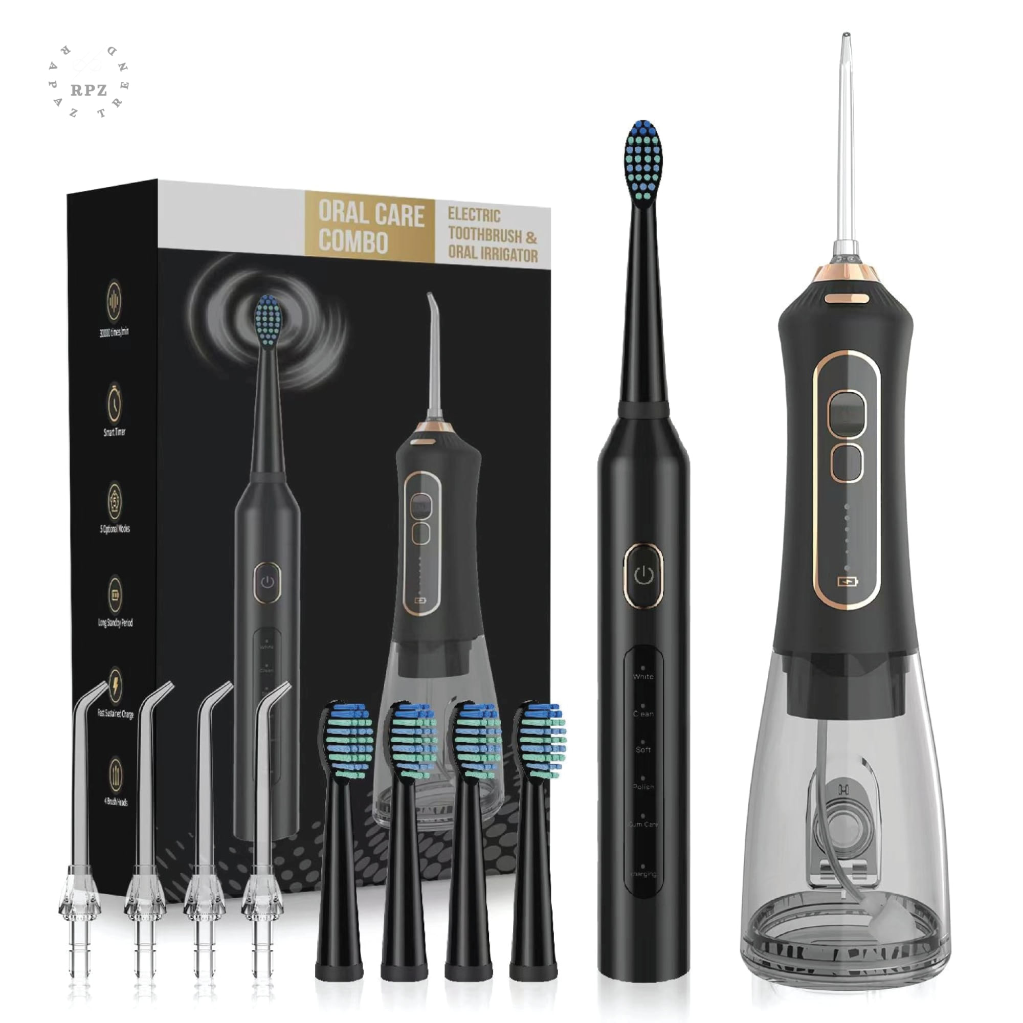 Irigator Oral + Periuta dinti electrica, RPZ DuoClean,IPX7,Rezervor 300 ml, 5 diuze ,4 capete periuta,negru