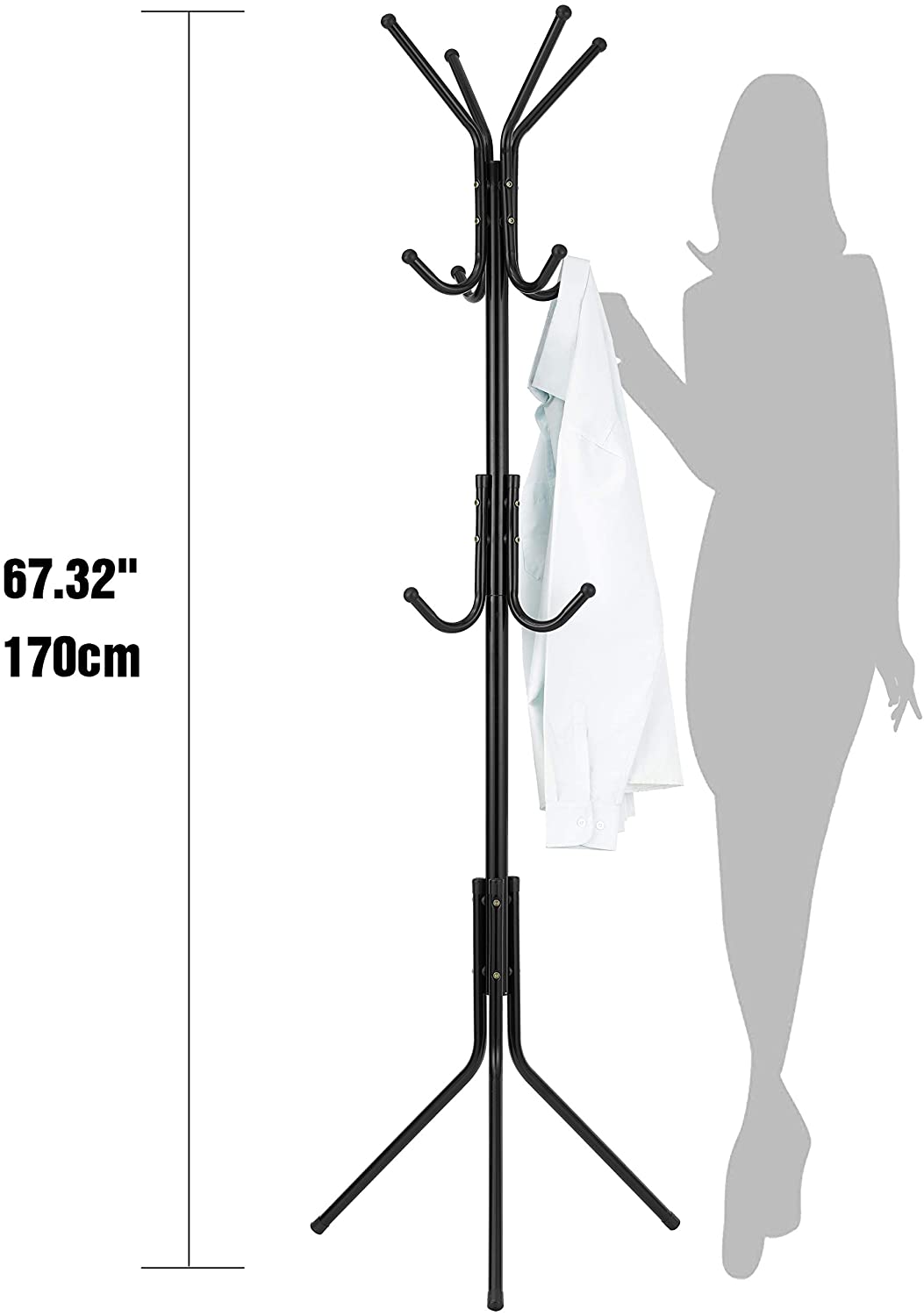 Cuier pentru haine, tip pom, 3 nivele, 12 agatatori, metal, 170 cm, negru — imaginea 3