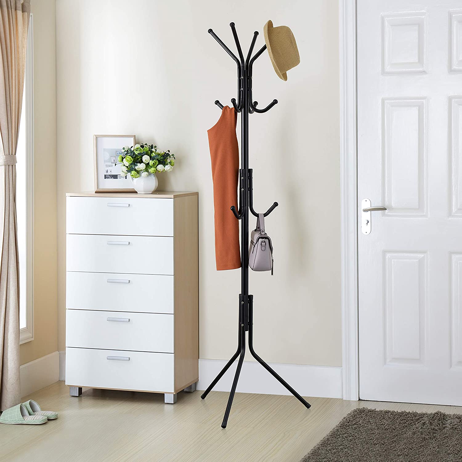 Cuier pentru haine, tip pom, 3 nivele, 12 agatatori, metal, 170 cm, negru — imaginea 4