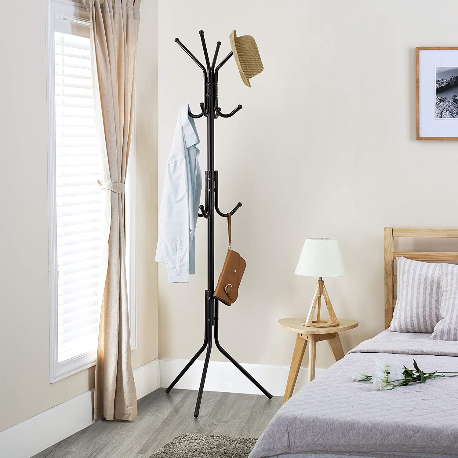 Cuier pentru haine, tip pom, 3 nivele, 12 agatatori, metal, 170 cm, negru — imaginea 5